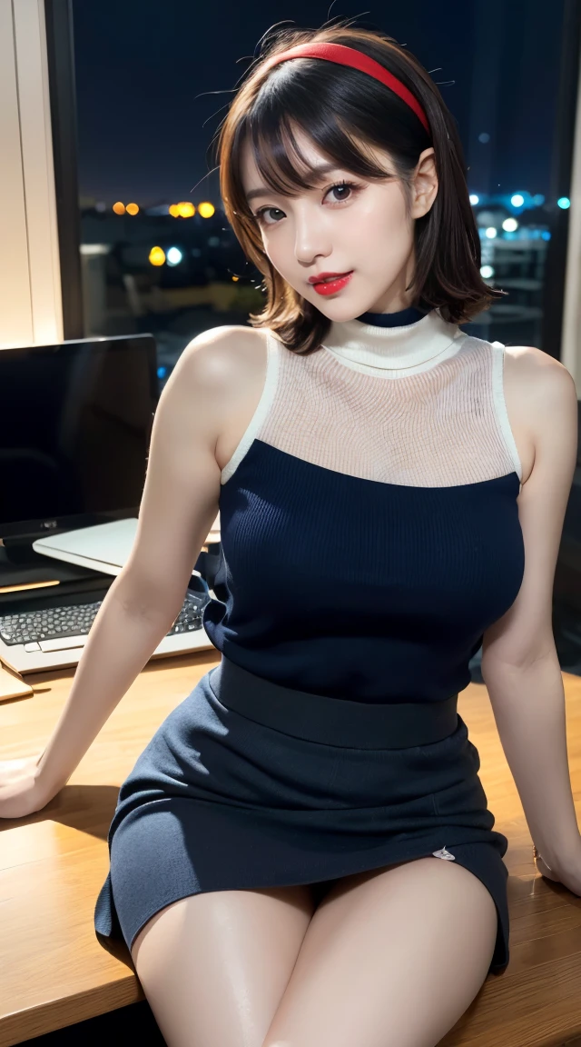 (((乳首の形がわかる少し透けたニット))), (((オフィスレディ、OL、office lady、formal clothes,navy knit、high neck knit、thin knit)))、(((horseshoe-shaped hairband)))、formal ,vivid color panty,high heel、(((full body,including legs)))、Dressed up、(Photo real:1.4)、(A hyper-realistic:1.4)、(Photorealistic:1.3)、 (gentle lighting: 1.05)、(Improve the lighting quality of your video:0.9)、32k、 1Girl、28years old girl、photorealistic lighting、Back lighting、Facial Lights、Ray Trace、(bright:1.2)、(Increase quality:1.4)、 (best quality real texture skin)、Fair eyes,Delicate and delicate face, Close-up of the face, navy knit,very tight knit ,high neck knit,sleeveless knit,no-sleeve knit,navy pencil skirt ,navy tight skirt, (Bodyline mood improvement:1.1)、Glossy skin、wavy hair,韓国アイドル、乃木坂アイドル、Sculptural Idol Pose、little smile,blush,Beautiful actress、Neat woman,whole body, (((large breasts))),(perfect row of teeth),slender waist and hip,beautiful long legull shot)、((8heads tall)、(((誘惑している、恥ずかしい)))、dynamic pose,gravure pose,(eye shadow),((red cheek、red lips)),Super Clean Night View、night time、blush,little smile,(((full shot)))、a little open the legs apart、sitting down on the desk,(((in the luxury night office)))
