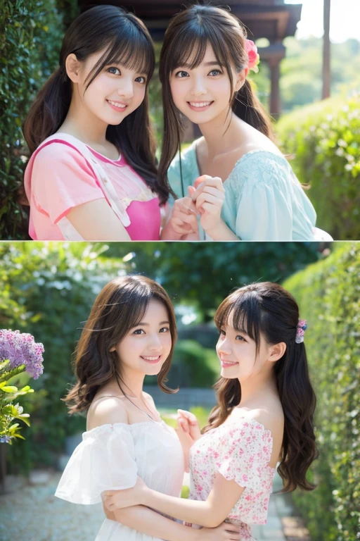 two girls、fun atmosphere, beautiful and fine eyes, cute hairstyles, Vivid costumes, pose playfully, wood々sunlight shining through the gap, soft shadow, Bright colors, lively look, zora々energy, laughter and giggles, delicate flowers,、friendship and bond, capture happy moments, Moderate: Top quality digital illustrations, High resolution), super detailed, realistic, Vibrant color palette, Natural light、light colored room wear