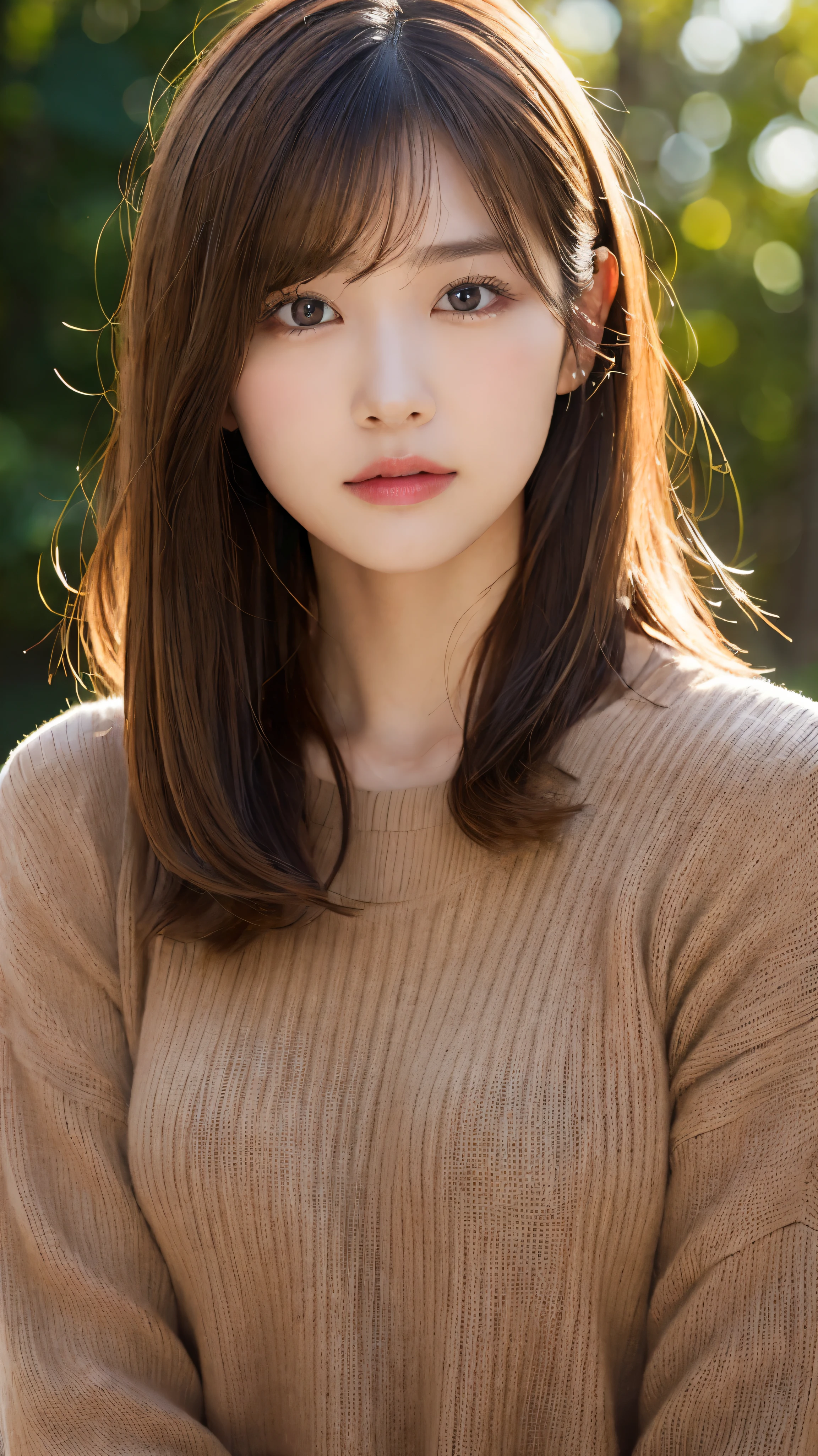 (Masseter muscle part:1.3)、(8K、Photoreal、RAW photo、highest quality: 1.4)、(1 girl)、beautiful face、(lifelike face)、(light brown hair:1.5)、(medium hair)、beautiful hairstyle、（One eye is hidden by bangs：1.5）、Realistic brown eyes、beautiful details、（skin that looks real）、beautiful skin、（black sweater）、absurd、Charm、embarrassing、ultra high resolution、surreal、high detail、golden ratio