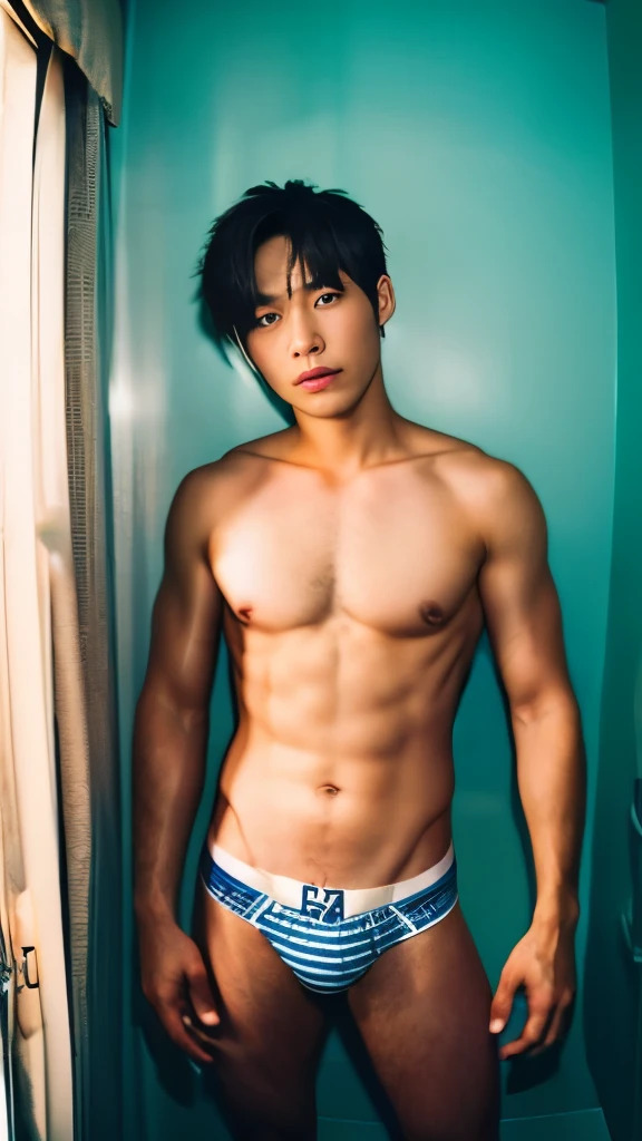 Men's。male。25 years old。Cool enough to be a national treasure。Johnny&#39;s。performer。messy room。Topless。Boxer briefs。Crotch stiffness。Thin eyebrows。eyes are small。small mouth。round face。whole body。detailed face。wide shot。looking at the camera。