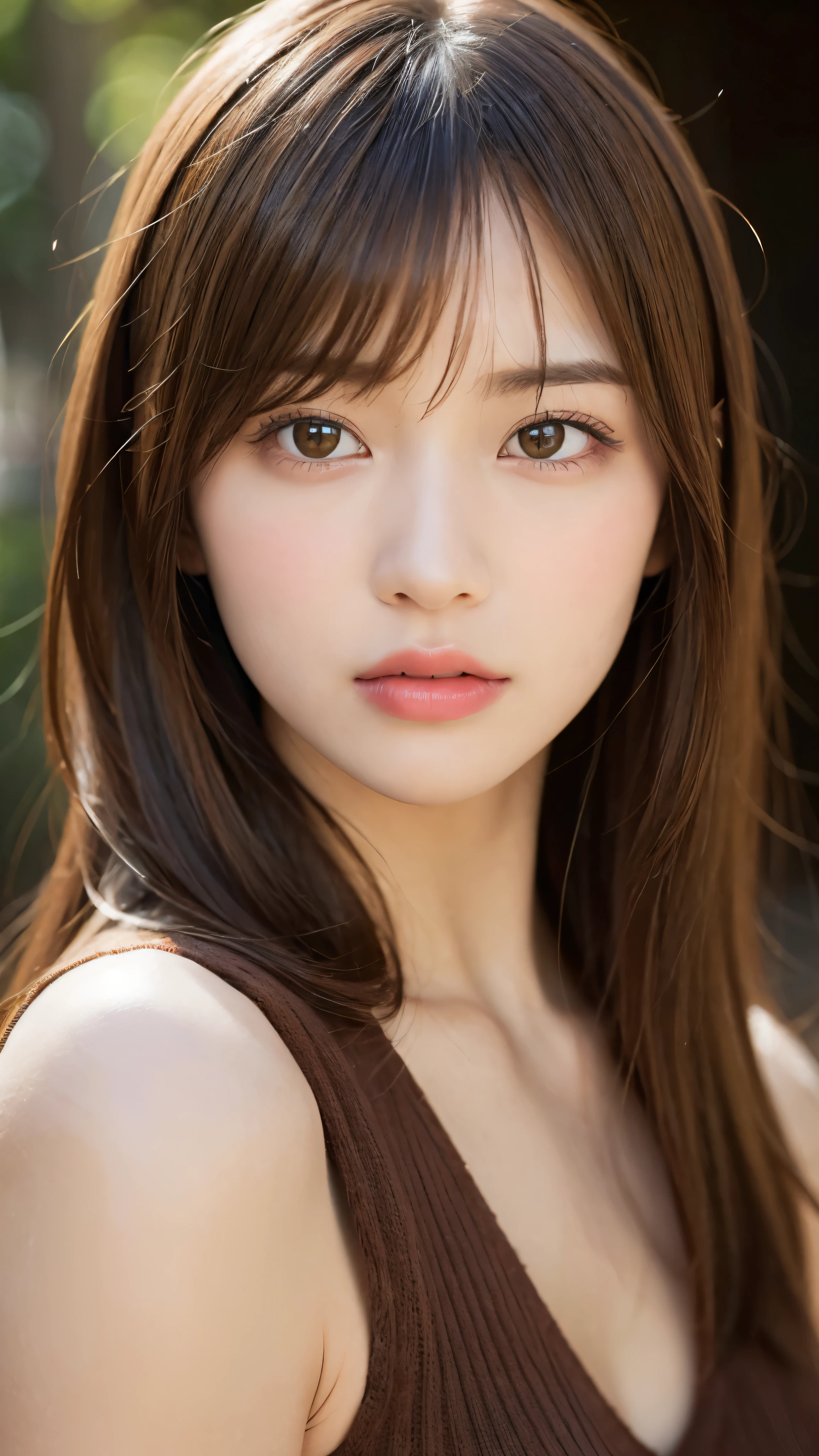 (Masseter muscle part:1.3)、(8K、Photoreal、RAW photo、highest quality: 1.4)、(1 girl)、beautiful face、(lifelike face)、(light brown hair:1.5)、(medium hair)、beautiful hairstyle、（One eye is hidden by bangs：1.5）、Realistic brown eyes、beautiful details、（skin that looks real）、beautiful skin、（black sweater）、absurd、Charm、embarrassing、ultra high resolution、surreal、high detail、golden ratio