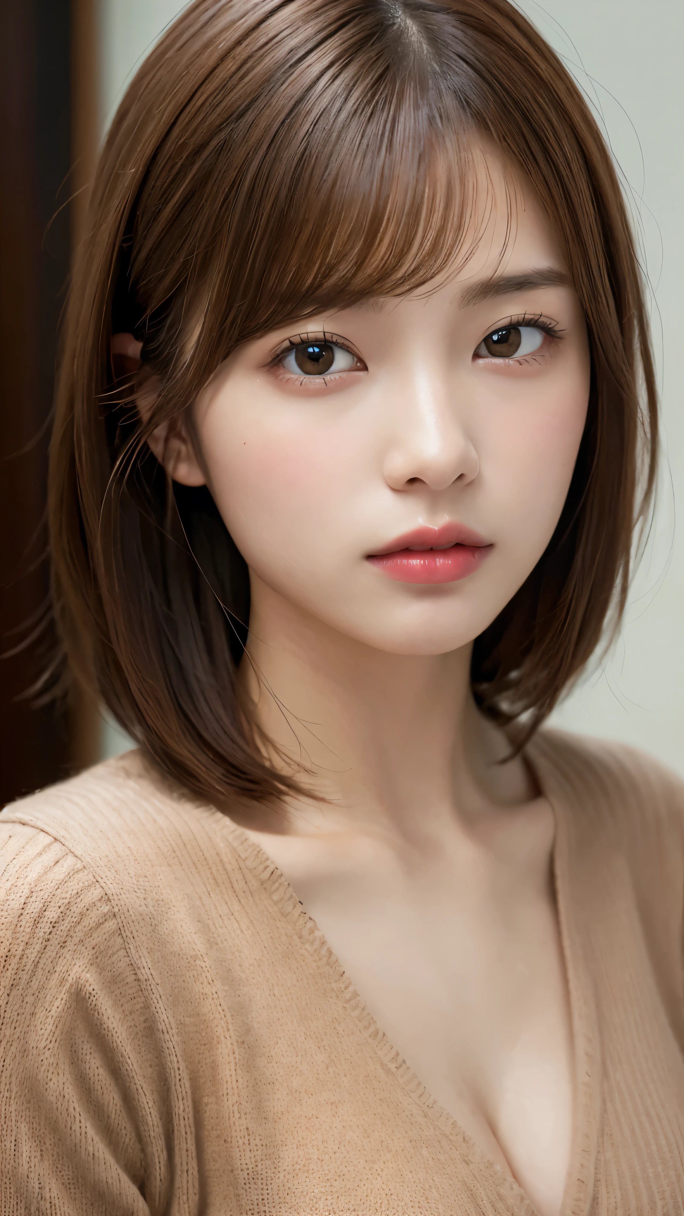 One Girl, (Wear trendy fashion:1.2), (RAW Photos, Highest quality), (Realistic, Realistic:1.4), Tabletop, Very delicate and beautiful, Very detailed, 2k wallpaper, wonderful, In detail, Very detailedな CG Unity 8K 壁紙, Very detailedな, High resolution, Soft Light, Beautiful detailed girl, Looking into the camera、Very detailedな目と顔, Beautiful and sophisticated nose, Beautiful details, short hair, small, Grey clothes、White Background、Background is white、Cinema Lighting, Perfect Anatomy, Slender body, smile, ,Big Breasts