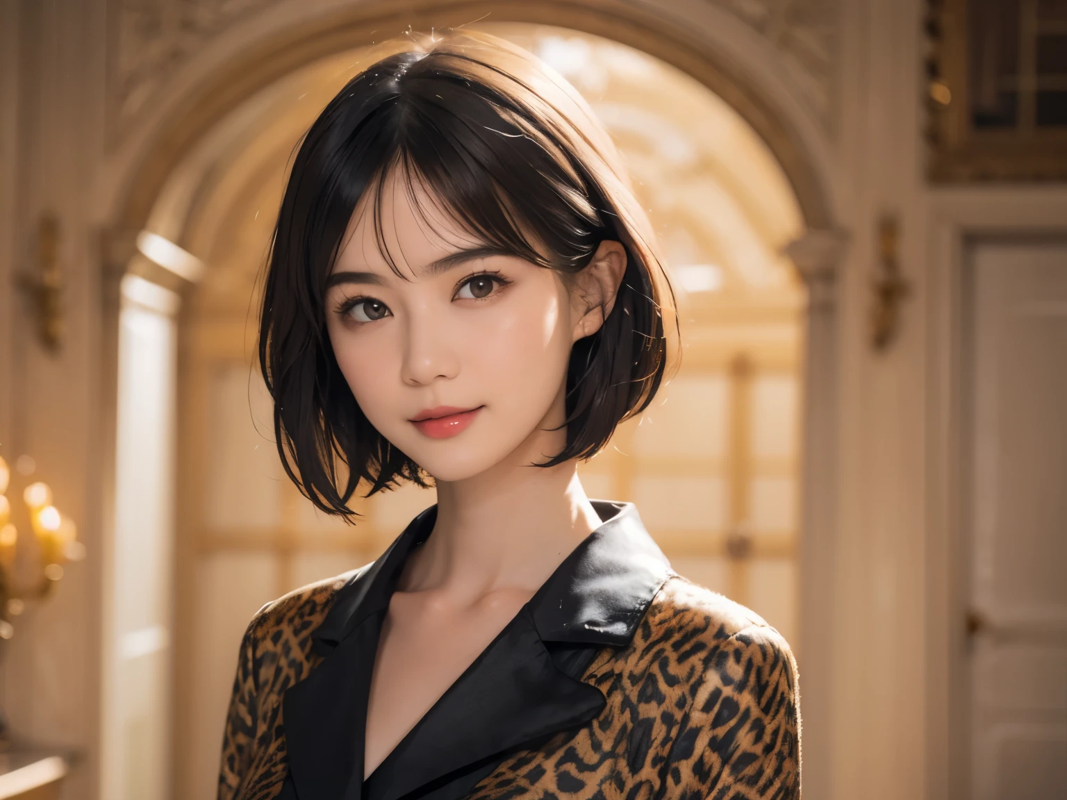 145
(20 year old woman,Animal print costume), (surreal), (High resolution), ((beautiful hairstyle 46)), ((short hair:1.46)), (gentle smile), (breasted:1.1), (lipstick)