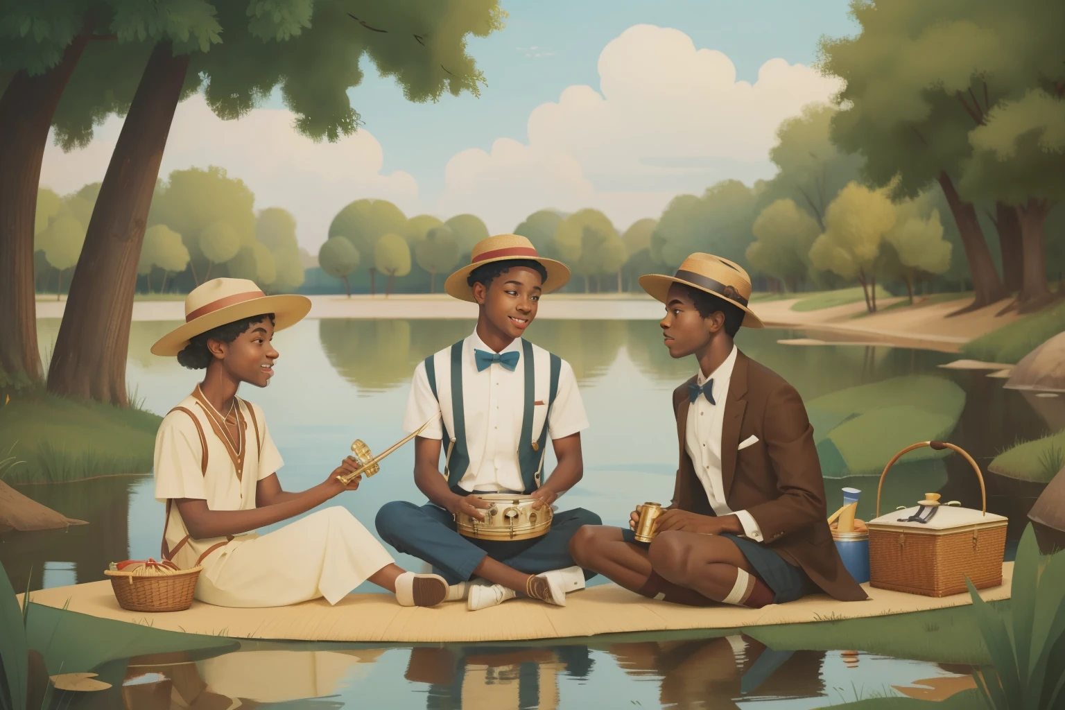 1920s American Jazz Picnic (Location: Mississippi Riverbank)
Character: An African American boy, about 13 years old, with a fedora hat and dressed in a vintage jazz-inspired ensemble, enjoys a picnic on the banks of the Mississippi River during the 1920s. The rhythmic beats of jazz music emanate from a gramophone, and his infectious joy fills the scene. Wes Anderson's riverbank palette paints a picture of carefree camaraderie.