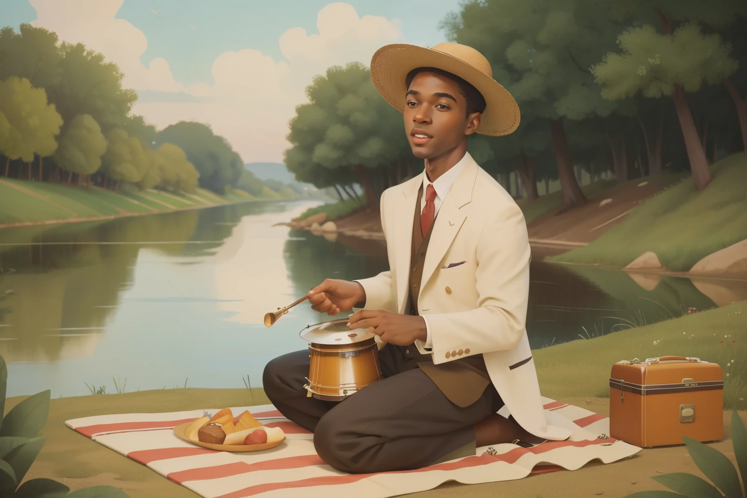 1920s American Jazz Picnic (Location: Mississippi Riverbank)
Character: An African American boy, about 13 years old, with a fedora hat and dressed in a vintage jazz-inspired ensemble, enjoys a picnic on the banks of the Mississippi River during the 1920s. The rhythmic beats of jazz music emanate from a gramophone, and his infectious joy fills the scene. Wes Anderson's riverbank palette paints a picture of carefree camaraderie.