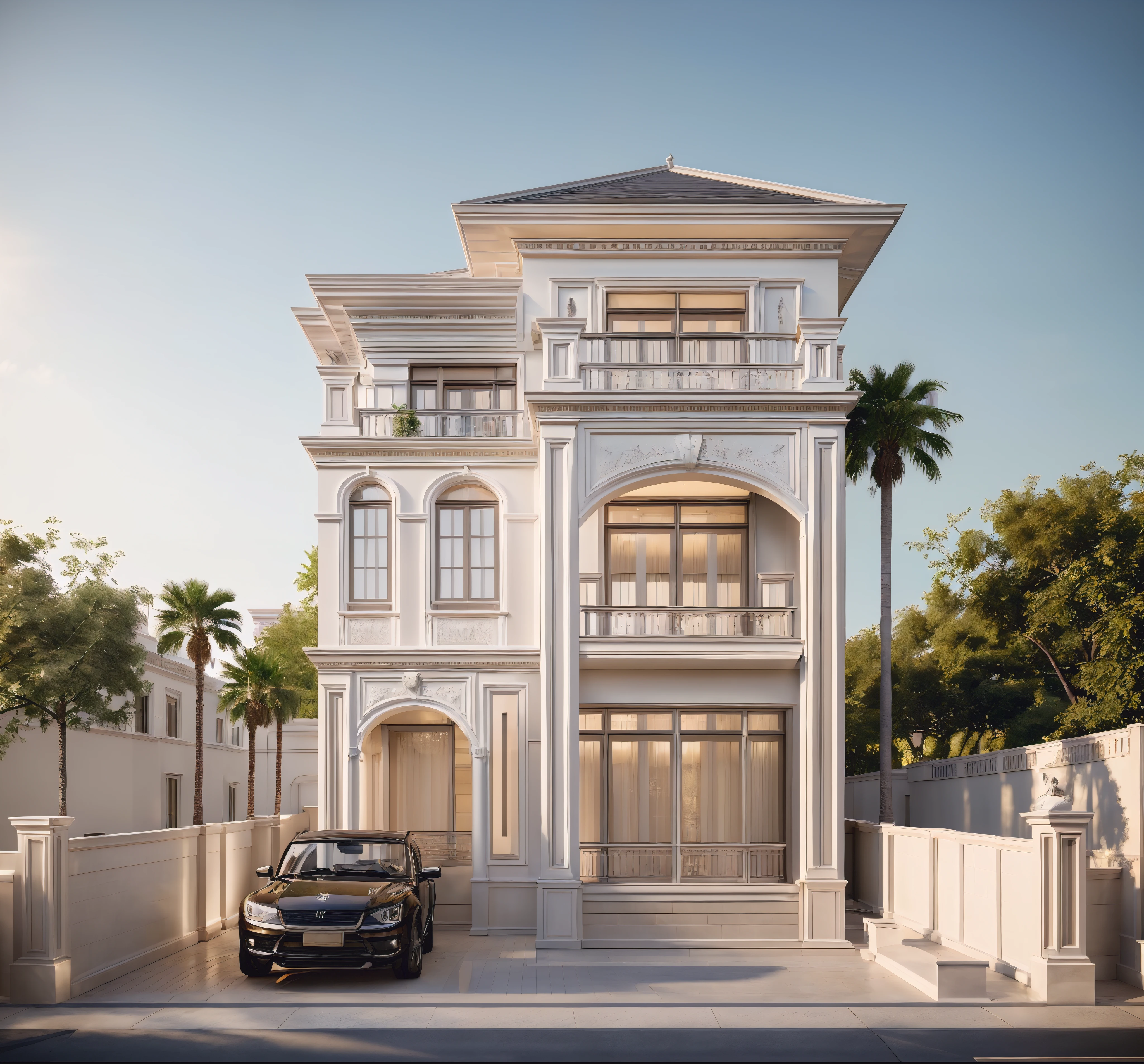 A (Photorealism:1.1) car parked in front of a two story building, clean linework, frontview, inter dimensional villa, (white wall:1.1), White column and wall details, (detail roof tile:1.1), (window glass detail:1.1), (wall lamp) 3rd floor details, (Balcony fence details:1.1), exterior design, white detailed sketch, neo - classical style, architectural illustration, realistic architecture, architectural concept, residential design, (masterpiece),(high quality), best quality, real,(realistic), super detailed, (full detail),(4k),8k,architecture, RAW photo,Masterpiece, high quality, best quality, authentic, super detail, exterior, outdoor town house style, street, white wall, louver roof, refection glass windows, climbing plant on the bacony,(straight line architecture arch:1.2), trees, beautifuL sky, (day:1.1),vray, people walking on the sidewalk in front of a house, photo render, corporate photo, digitally enhanced, render, exterior shot, photorealistic, screengrab, (god ray:1.1), digitally painted, transparent, front-view, an illustration of, full - view, discovered photo, still capture, unreal engine 5, octane render, cinematic, front lighting, ultra-detail, ((realistic)) depth of field, photography, ((Super detailed)), FKAA, TXAA, RTX, SSAO, Post Processing, Post-Production, CGI, VFX, SFX, Full color, HDR, Realistic,8k,((Unreal Engine 5)), Cinematic intricate detail, extreme detail, science, hyper-detail, FKAA, super detail, super realistic, crazy detail, intricate detail, reflected light on glass, eye-catching wall lights, unreal engine 5, octane render, cinematic, 8K,Detailed, High-fidelity, Viwvid, Crisp, The sun shines on the project,  Sharp, soft lighting, Bright, Stunning low, ((Lifelike)), Natural, ((Eye-catching)), Illuminating, Flawless, High-quality,Sharp edge rendering