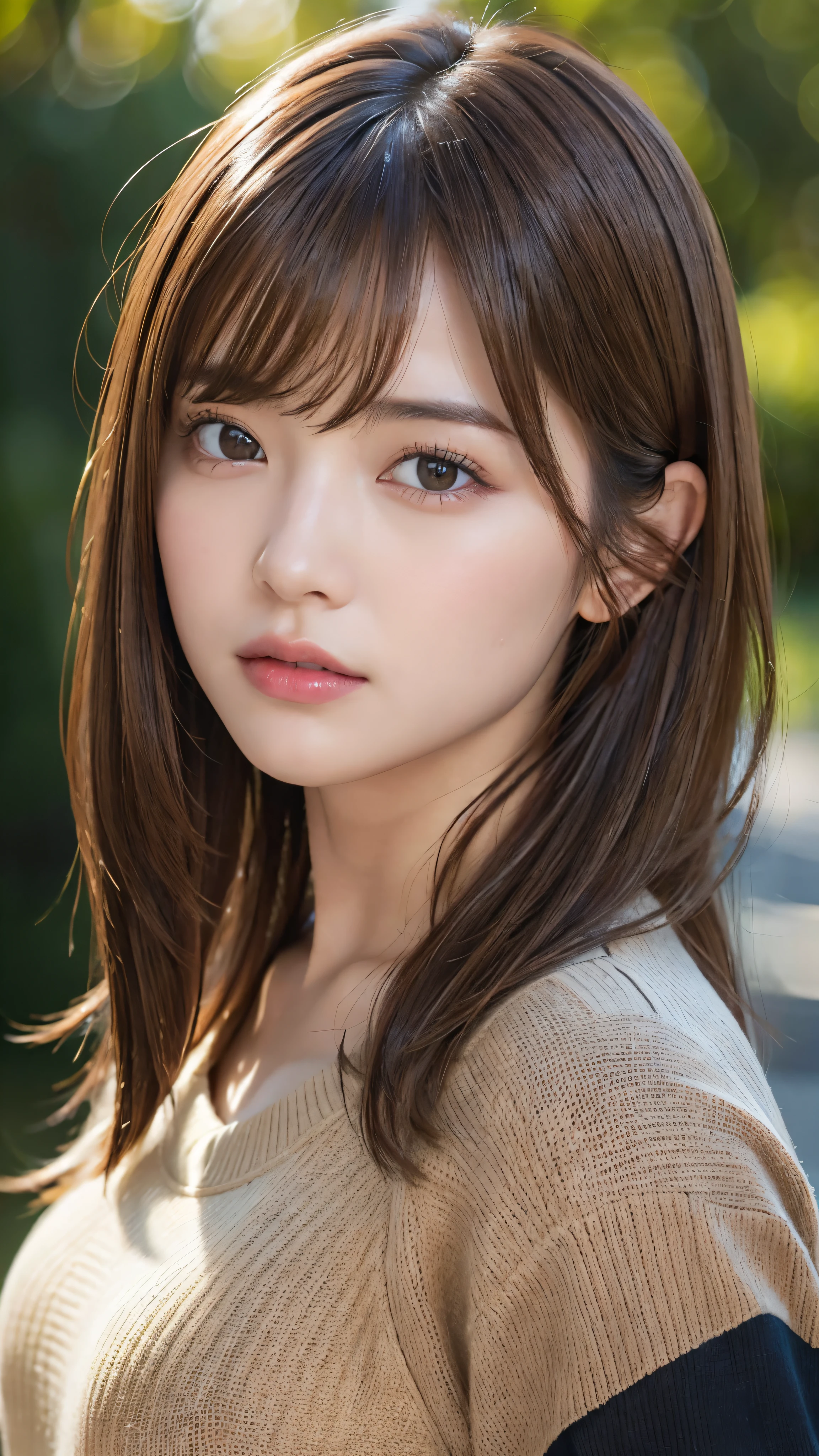 (Masseter muscle part:1.0)、(8K、Photoreal、RAW photo、highest quality: 1.4)、(1 girl)、beautiful face、(lifelike face)、(light brown hair:1.5)、(medium hair)、beautiful hairstyle、(One eye is hidden by bangs:1.5)、Realistic brown eyes、beautiful details、(skin that looks real)、beautiful skin、(black sweater)、absurd、Charm、embarrassing、ultra high resolution、surreal、high detail、golden ratio