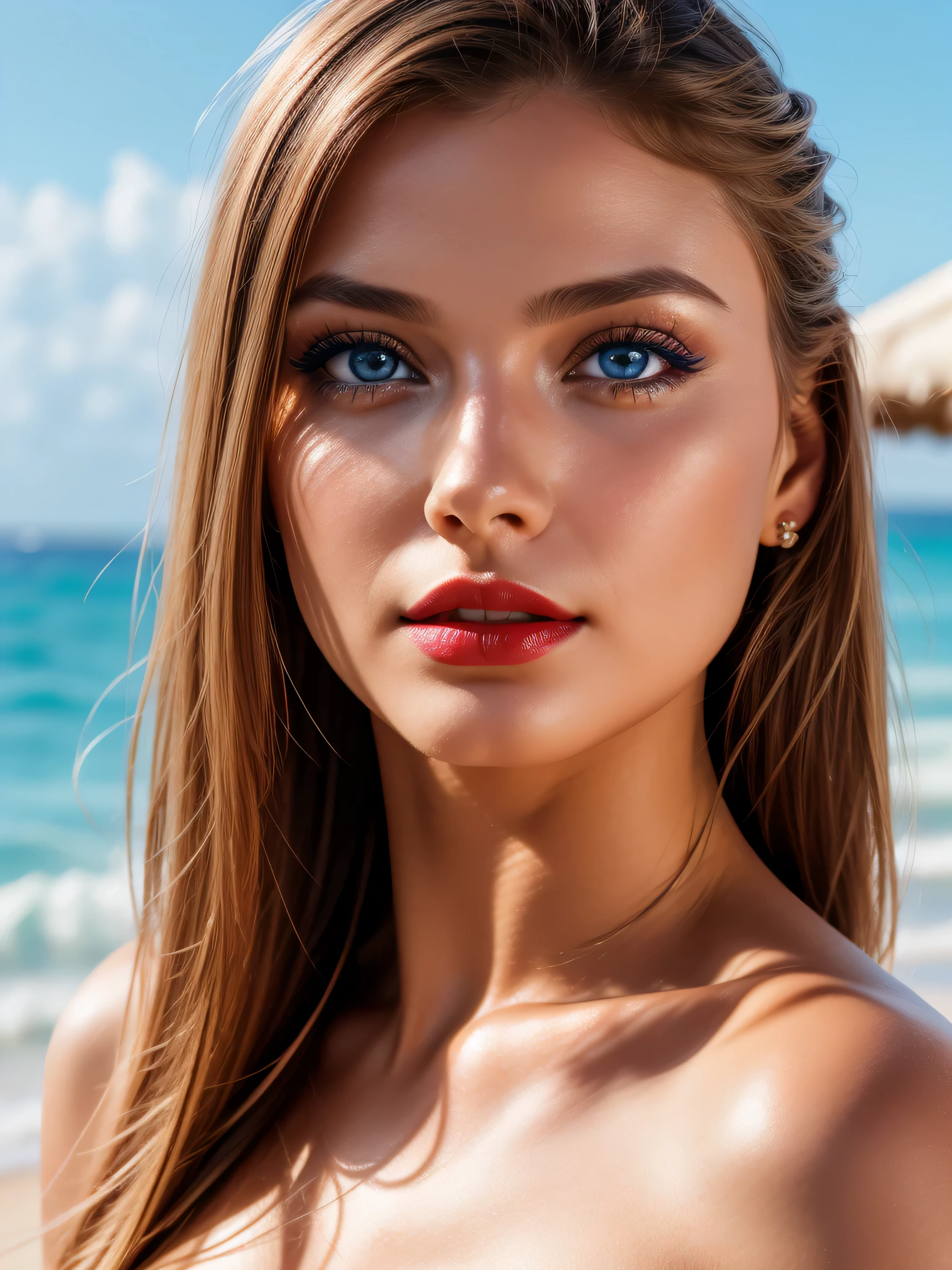 macro photo beauty woman eye long blode hair, blue eyes, red lips, realistic skin texture background sandy sunny beach photo realistic 8k shallow depth of field bokeh lights on face