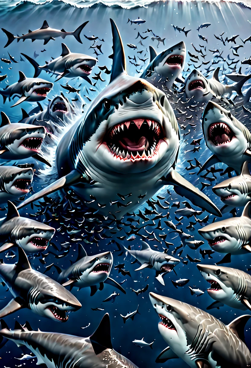 movie poster, inspired by movie "Shark Attack" and "Shark Swarm", (realistic, photorealistic, RAWphoto:1.4), octane render, intricate, (best quality, masterpiece, Representative work, official art, Professional, 8k wallpaper:1.3)