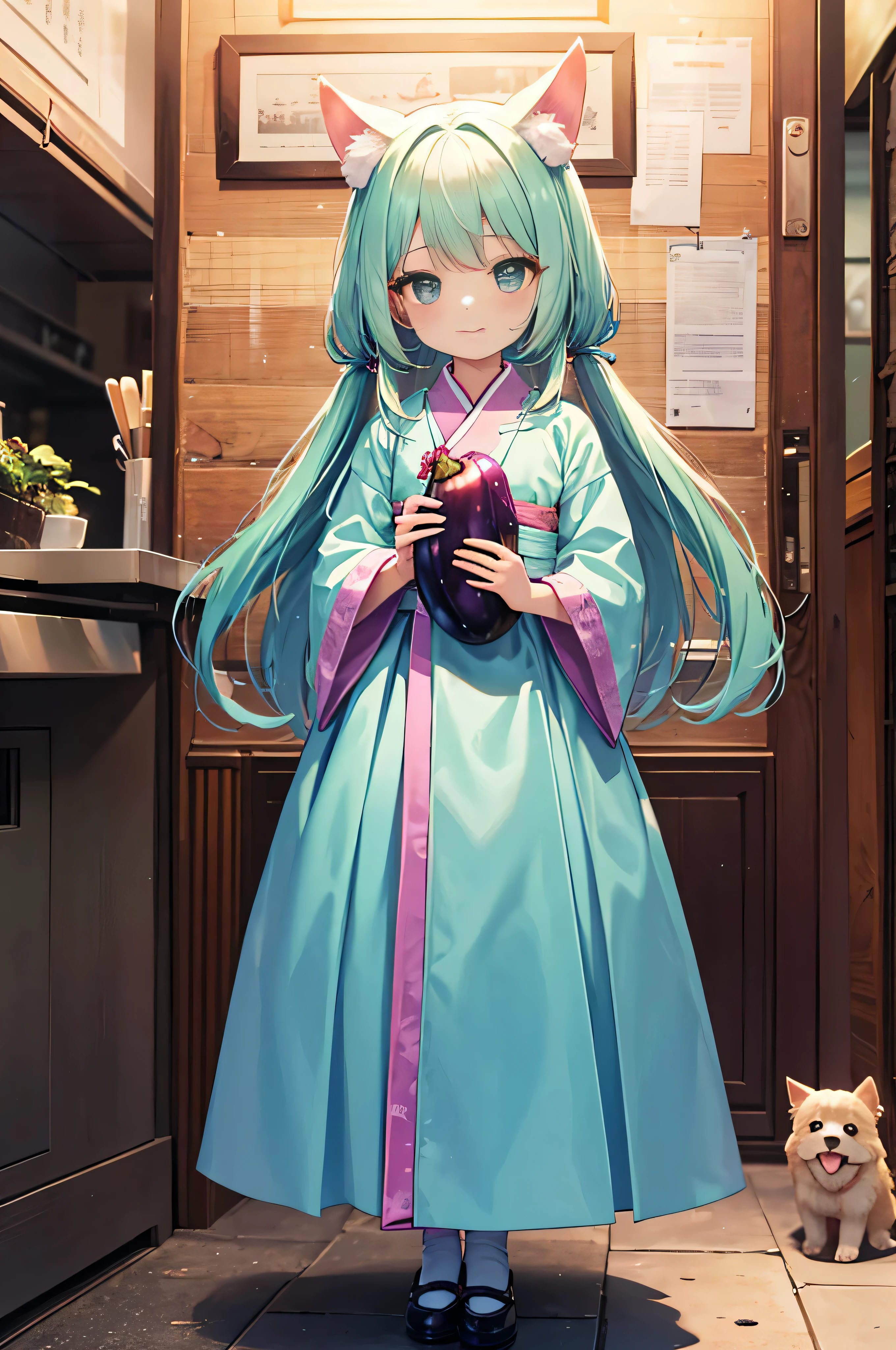 pretty girl, (:1.3), girl, full body, happy, light mint colored hair, Mint-colored eyes, (long hair), (holding an eggplant), Pink hanbok, face, dog ears folded forward