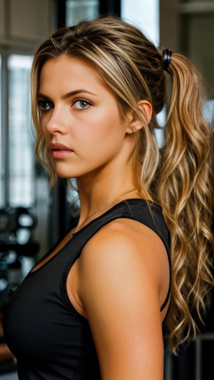 Female natural、platinum blonde hair, light brown hair, streaked hair, blonde highlights hair, ponytail hair, dark tanned skin, crystal blue eyes, loosefitting plain unbranded black gym shirt 、Long yogapants、In the gymnasium working out