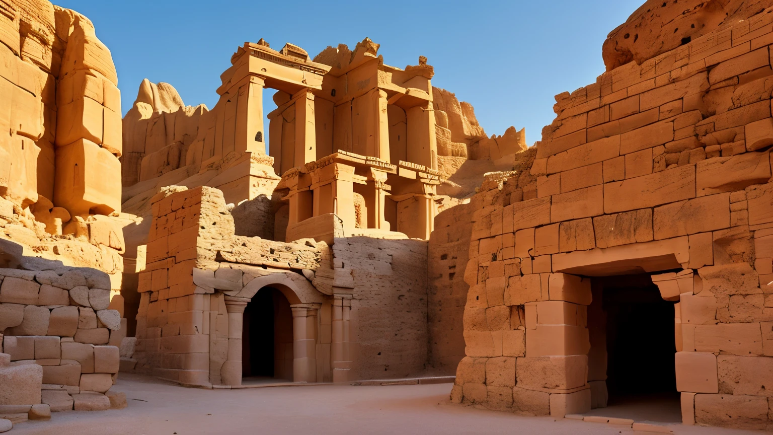 there is a cave in the middle of a rocky area, ancient ruins under the desert, beautiful ancient ruins behind, buildings carved out of stone, desert temple, ancient architecture, ancient ruins behind, ancient city ruins, crumbling ancient skyscrapers, ancient ruins, colorful ancient egyptian city, sacred ancient architecture, panorama of crooked ancient city, historical setting
