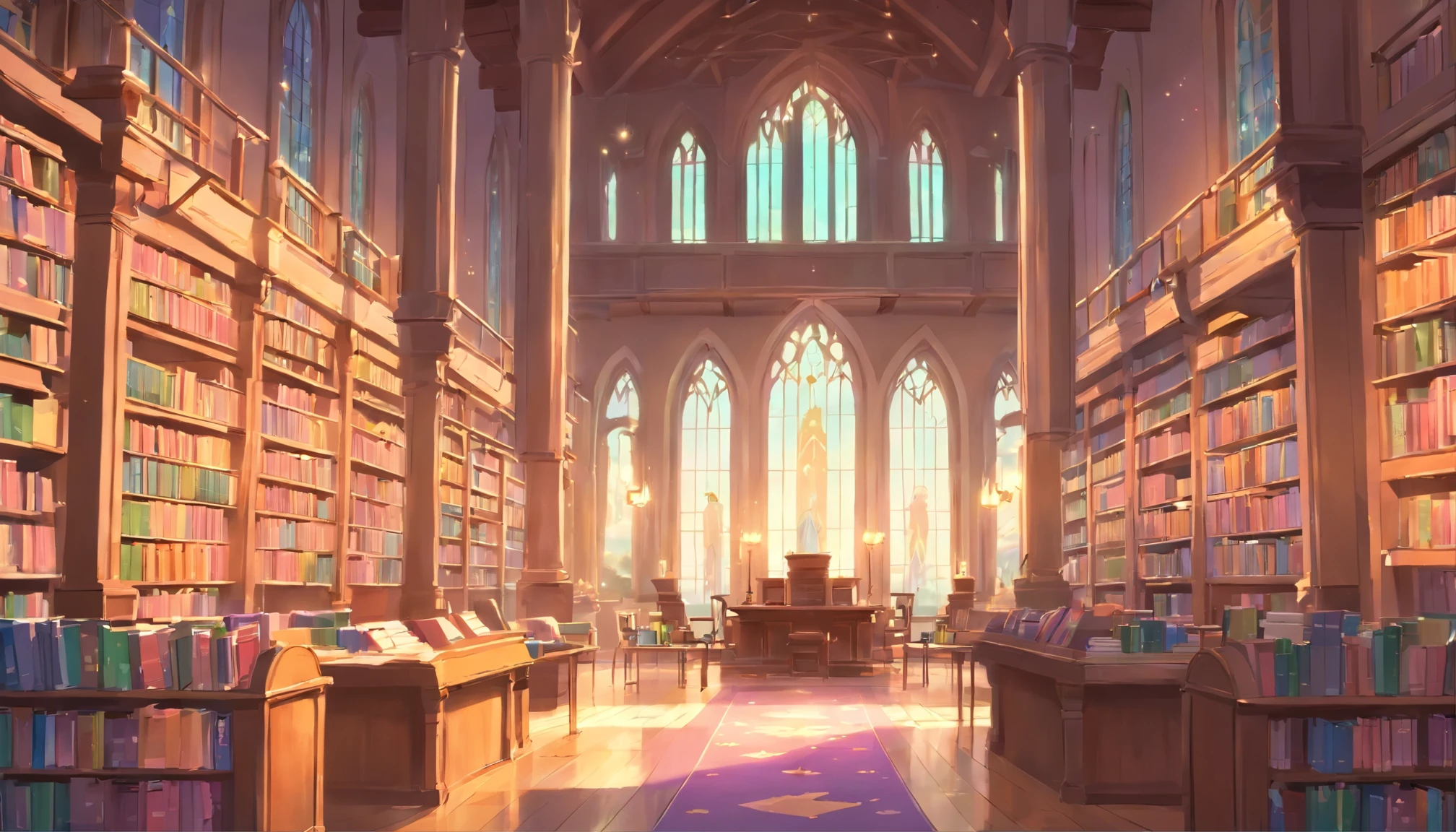 Wide shot of the castle library with pastel colors and shelves filled with bright books. (Fantasy, Mythical Creatures, Magical Scenes), Cartoon Scenes