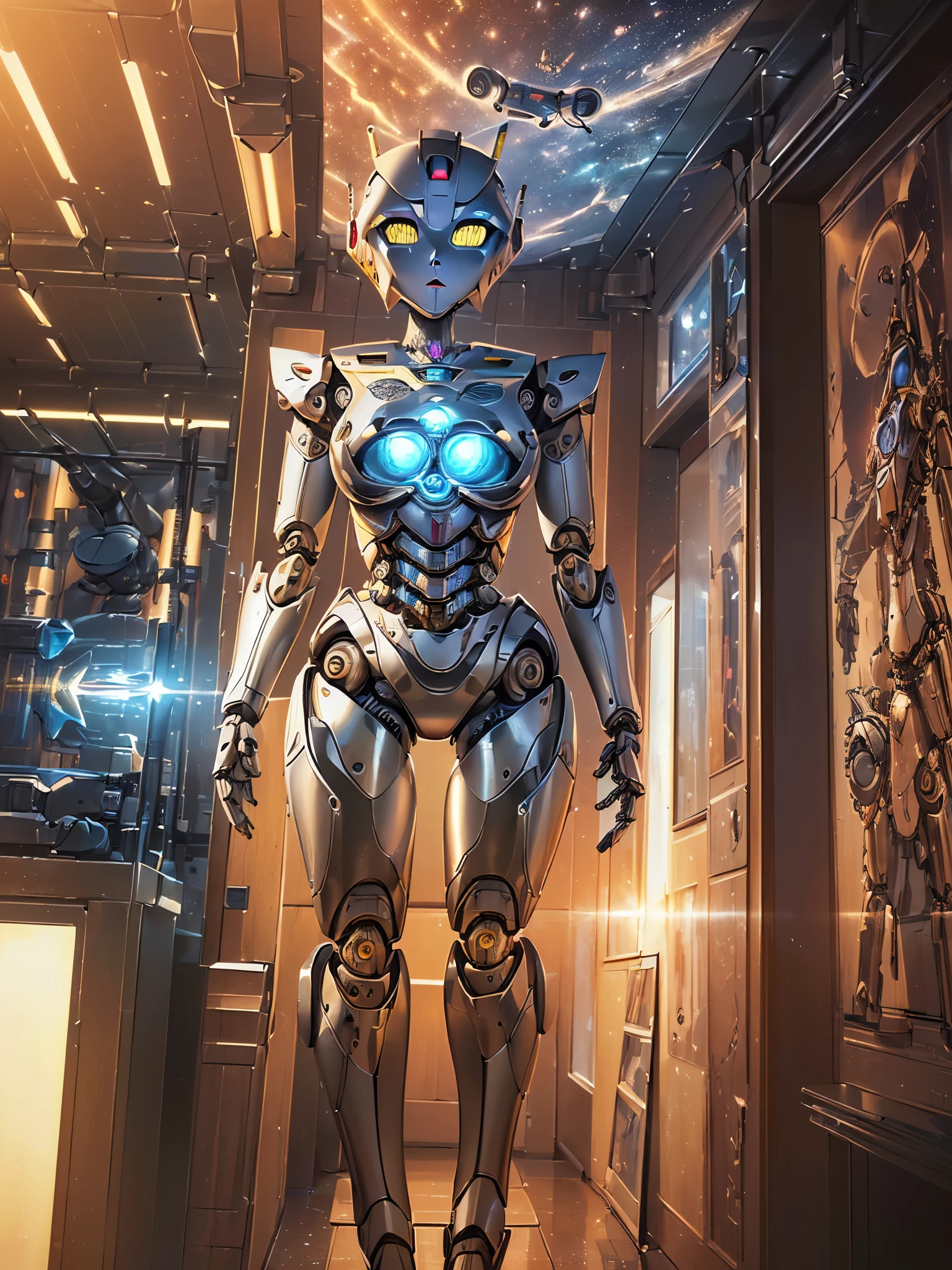 ((highest quality)),(ultra high resolution),(Super detailed),(detailed description),((best CG)),(best work of art),super precision art,great drawing art,(Sci-fi art with precise details:1.5), (One female robot:1.6),((Mechanical body detailed and detailed:1.5)),tire foot:1.6,cylinder:1.5,lens:1.3,glowing line:1.4