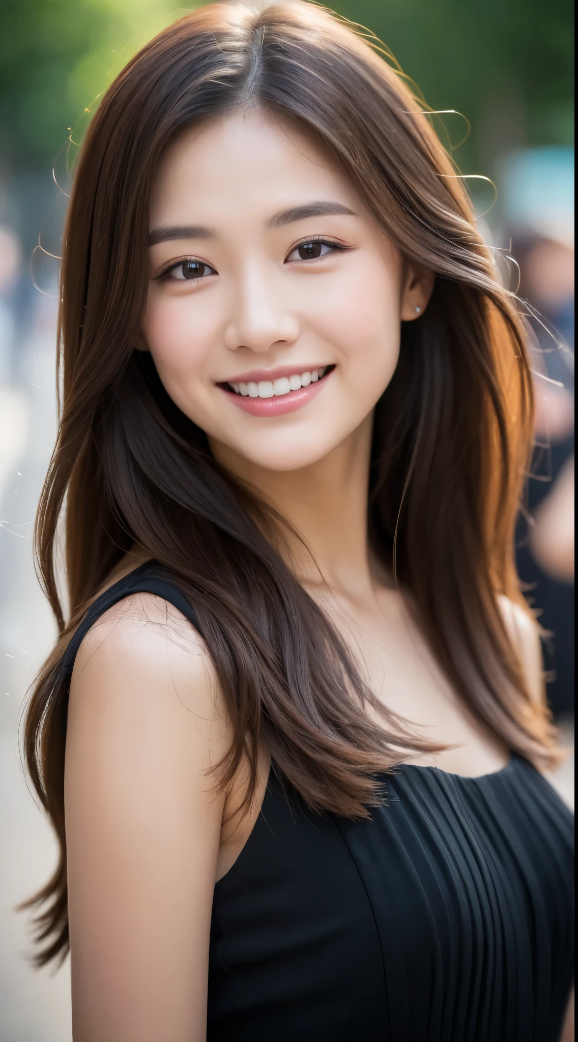 ((best quality, 8k, masterpiece :1.3)), 1 girl, smiling, whole body, face slimming, pretty Woman, (dark brown hair), full length dress :1.1, Super detailed face, delicate eyes, double eyelids, blurred background, face slimming, City, external, street,