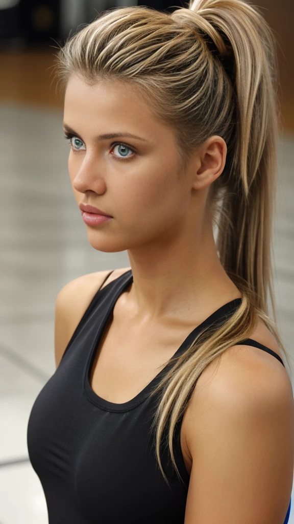 Female natural、platinum blonde hair, light brown hair, streaked hair, blonde highlights hair, ponytail hair, dark tanned skin, crystal blue eyes, loosefitting plain unbranded black gym shirt 、Long yogapants、In the gymnasium working out