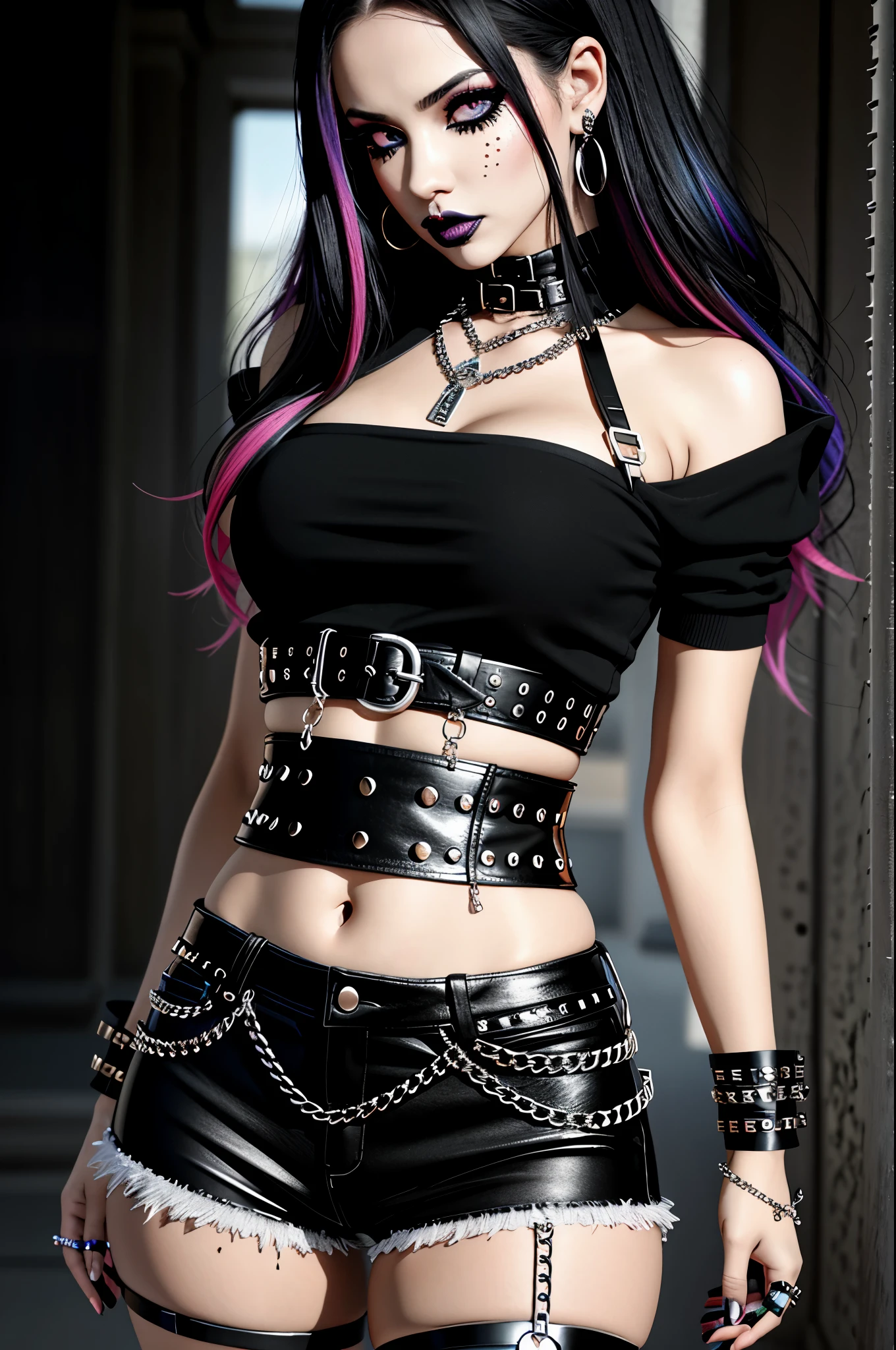 Hyper realistic super detailed sexy young gothic girl , expressions faciales sexy, seductive facial expressions, dynamic pose, 
back view [:(Face detail: 1.4): 0.4], 16K resolution, 4k resolution, (Ventre plat parfait), (image couleur),
edgpshorts, a woman in shorts. Topless, with chains on her waist , wearing edgpshorts
 