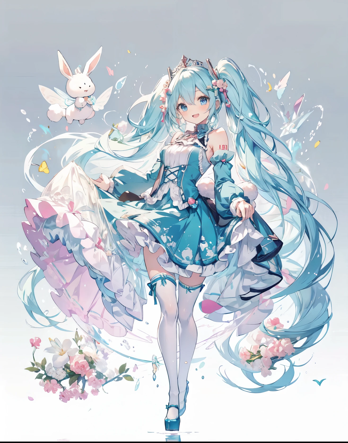 it's a fairy tail character anime fanart by hokiejimmy, 1girl, hatsune miku, yuki miku, long hair, rabbit yukine, very long hair, twintails, thighhighs, dress, blue eyes, detached sleeves, open mouth, blue footwear, rabbit, blue hair, tiara, smile, bare shoulders, full body, puffy sleeves, skirt hold, frilled dress, frills