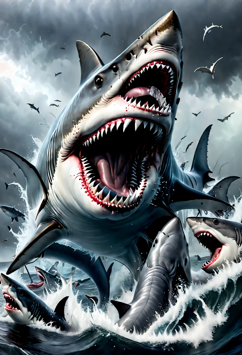 movie poster, inspired by movie "Cruel Jaws" and "Sharknado", (realistic, photorealistic, RAWphoto:1.4), octane render, intricate, (best quality, masterpiece, Representative work, official art, Professional, 8k wallpaper:1.3)