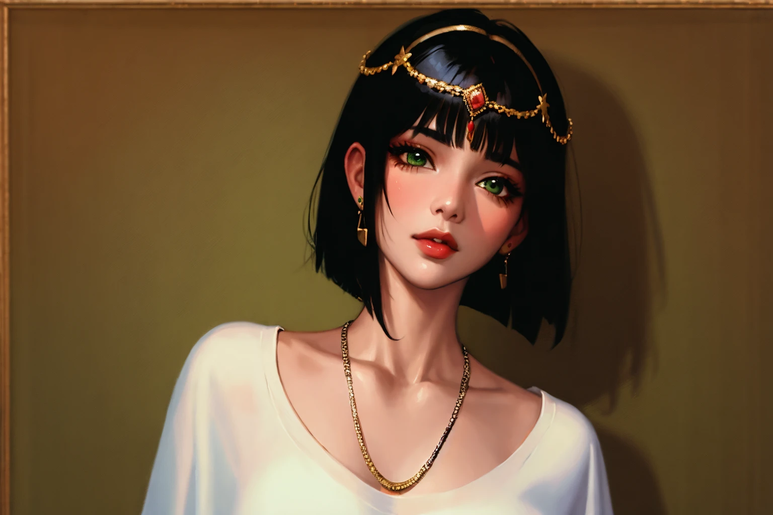 1girl, solo, long hair,oil painting, impasto, looking at viewer, black hair, jewelry, green eyes, short hair,bob cut, earrings, lips, dark skin, necklace, lips, circlet