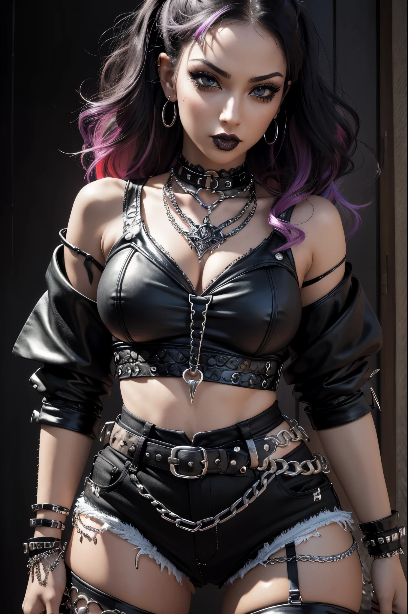 Hyper realistic super detailed sexy young gothic girl , expressions faciales sexy, seductive facial expressions, dynamic pose [:(Face detail: 1.4): 0.4], 16K resolution, 4k resolution, (Ventre plat parfait), (image couleur),
edgpshorts, a woman in a black top and shorts  with chains on her waist , wearing edgpshorts
 