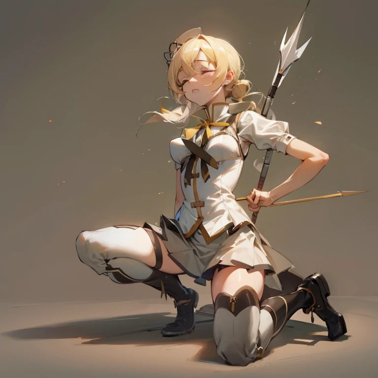 1 girl, perfect lighting, 8K, 1080P, mami tomoe, kneeling, tottering, bend back, closed eyes, pain, moaning, arrow pierce body, defeated, arched back