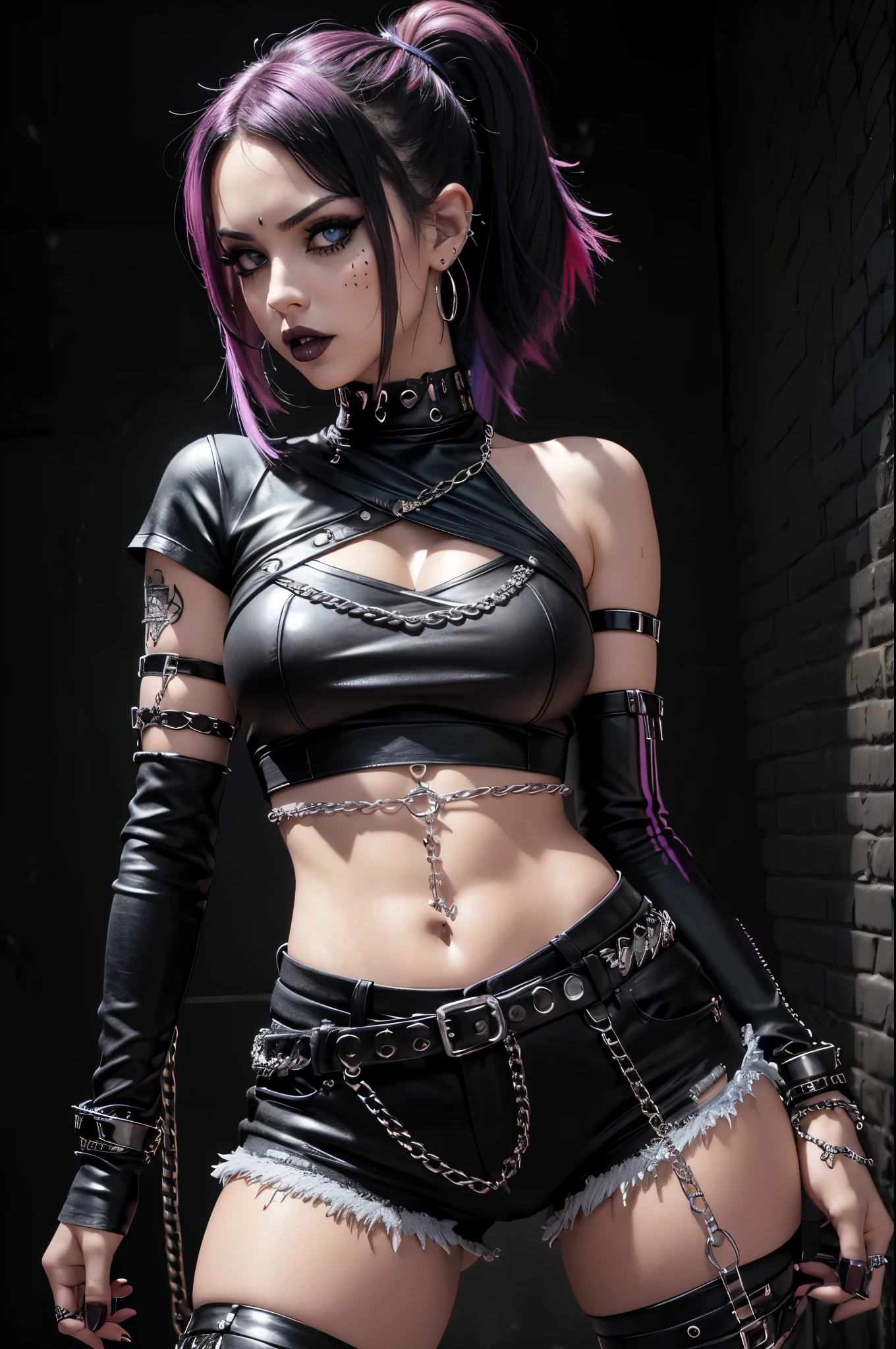 Hyper realistic super detailed sexy young gothic girl , expressions faciales sexy, seductive facial expressions, dynamic pose [:(Face detail: 1.4): 0.4], 16K resolution, 4k resolution, (Ventre plat parfait), (image couleur),
edgpshorts, a woman in a black top and shorts  with chains on her waist , wearing edgpshorts
 