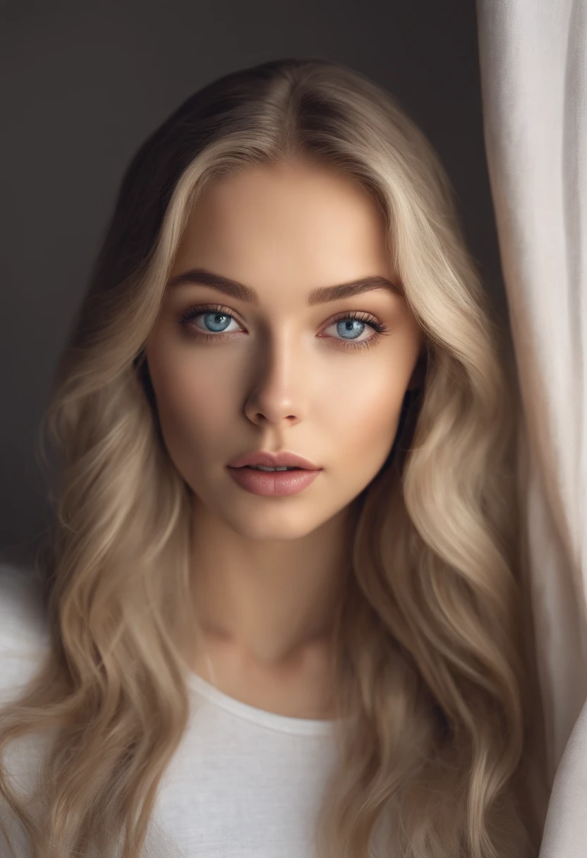 ultra realistic beautiful young girl meticulously detailed, portrait sophie mudd, blonde curved hair and blue eyes, selfie of bed violet myers, without makeup, natural makeup, looking directly at the camera, face with artgram, subtle makeup,standing directly in front of the white wall