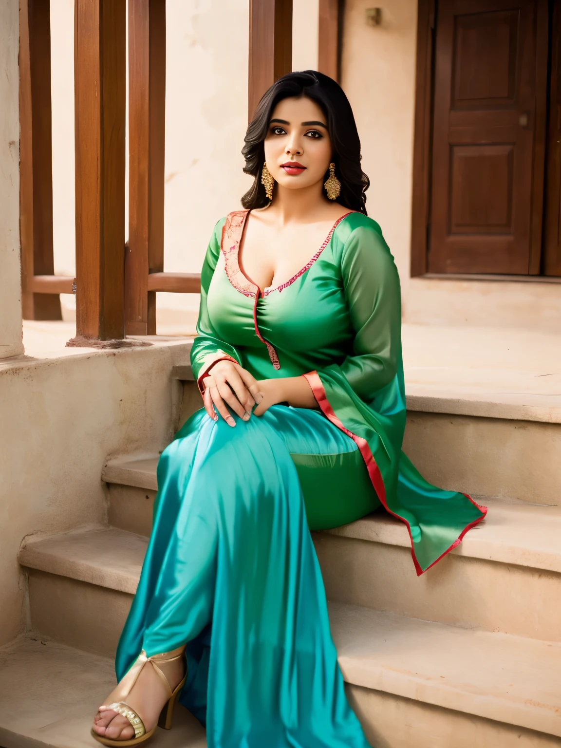 pakistani woman, showing curves, Colorful satin dress, wearing tight satin salwar kameez, pakistan, punjab, tight satin slip, tight satin See-through, cleavage ,curvy figure, extremely fine and beautiful,attractive lady,Adult Woman,desi woman, ​masterpiece,top-quality (at shadi in punjab village), human skin has [visible|[(wrinkles:0.625)|small pores]] cheerful, sexy, indian beauty,(tight satin salwar kameez) kodak 400, film grain