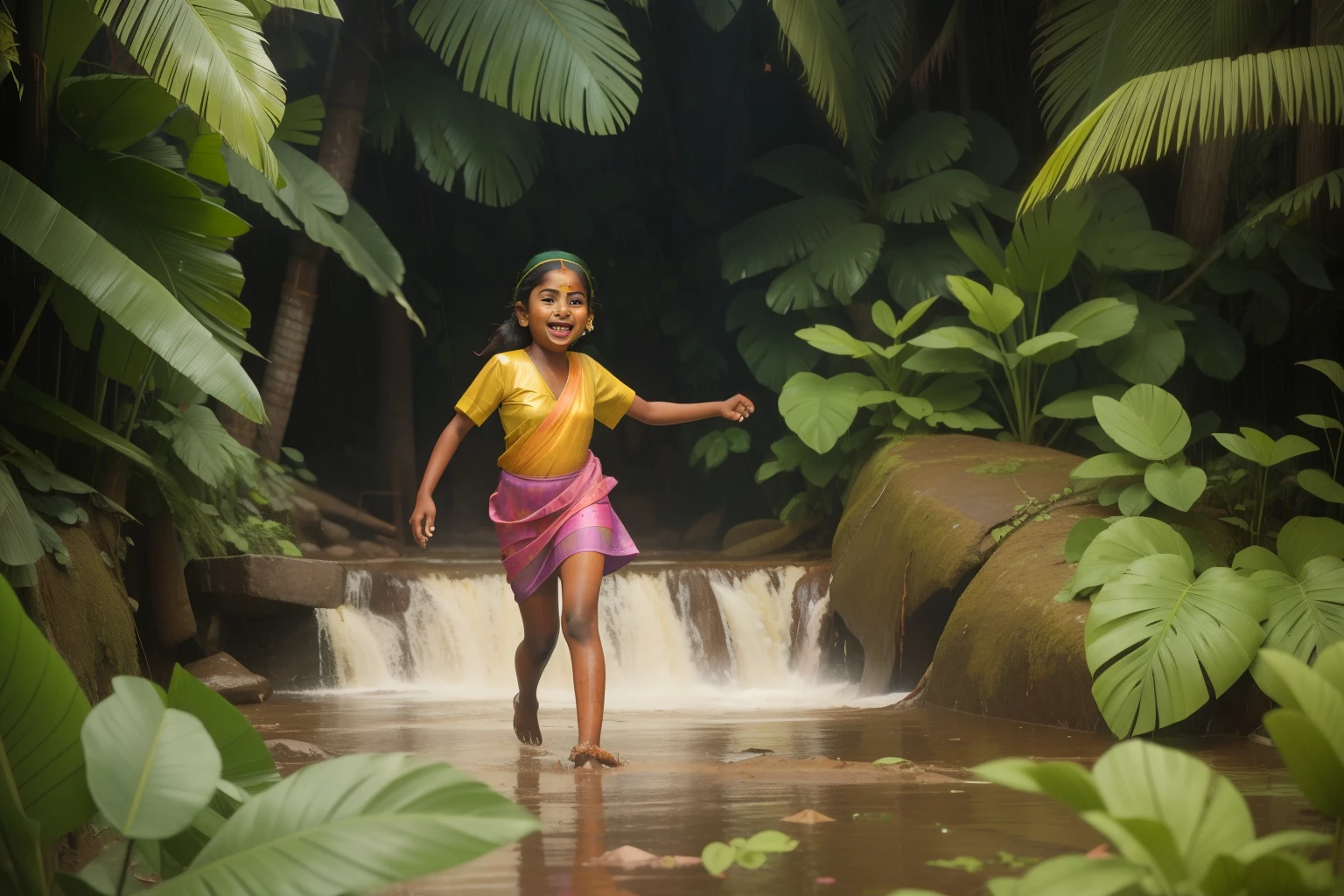 1980s Indian Monsoon Mud Puddle Splashing (Location: Kerala)
Character: An Indian girl, in her tweens, with a bindi and vibrant attire, joyfully splashes in mud puddles during the monsoon season in Kerala during the 1980s. Wes Anderson's monsoon palette paints a vivid snapshot of childhood monsoon revelry.