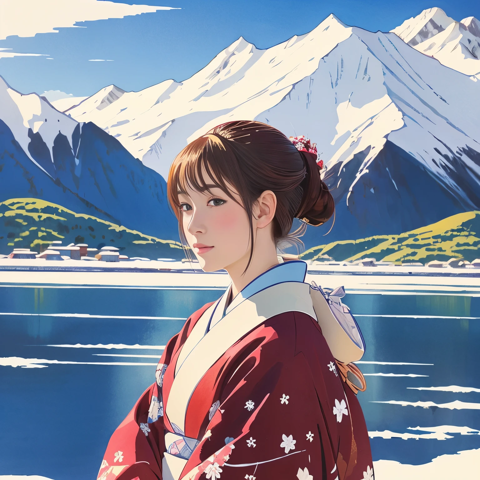 illustration style, ukiyo-e, Showa anime, woman, snow, (Sensitive), Asahi, mountains in the background, (highest quality, super detailed,portrait, Natural light)、kimono
