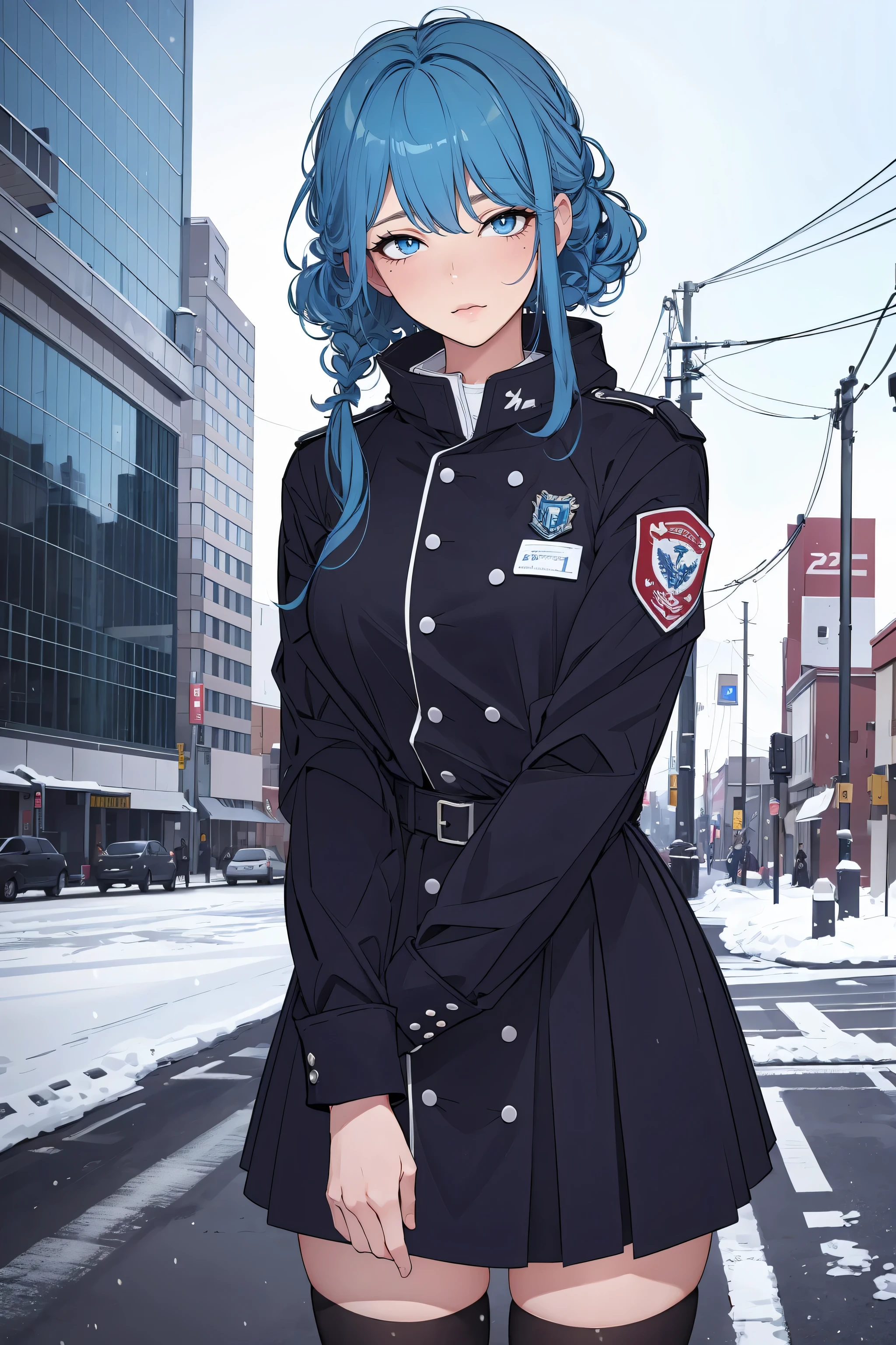 best quality,ultra high resolution,1 girl,alone,whole body,snow,City,, blue hair,green eyes,Kangjie,uniform,