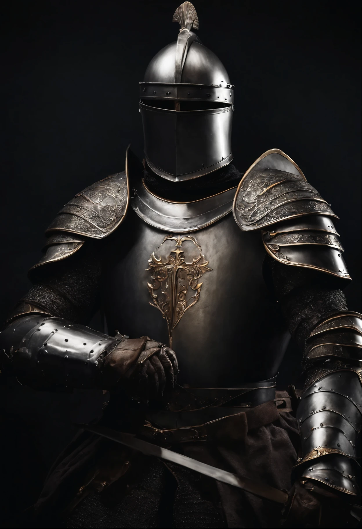 Knight in armor, helmet and sword. close up. dark armor, medieval soldier