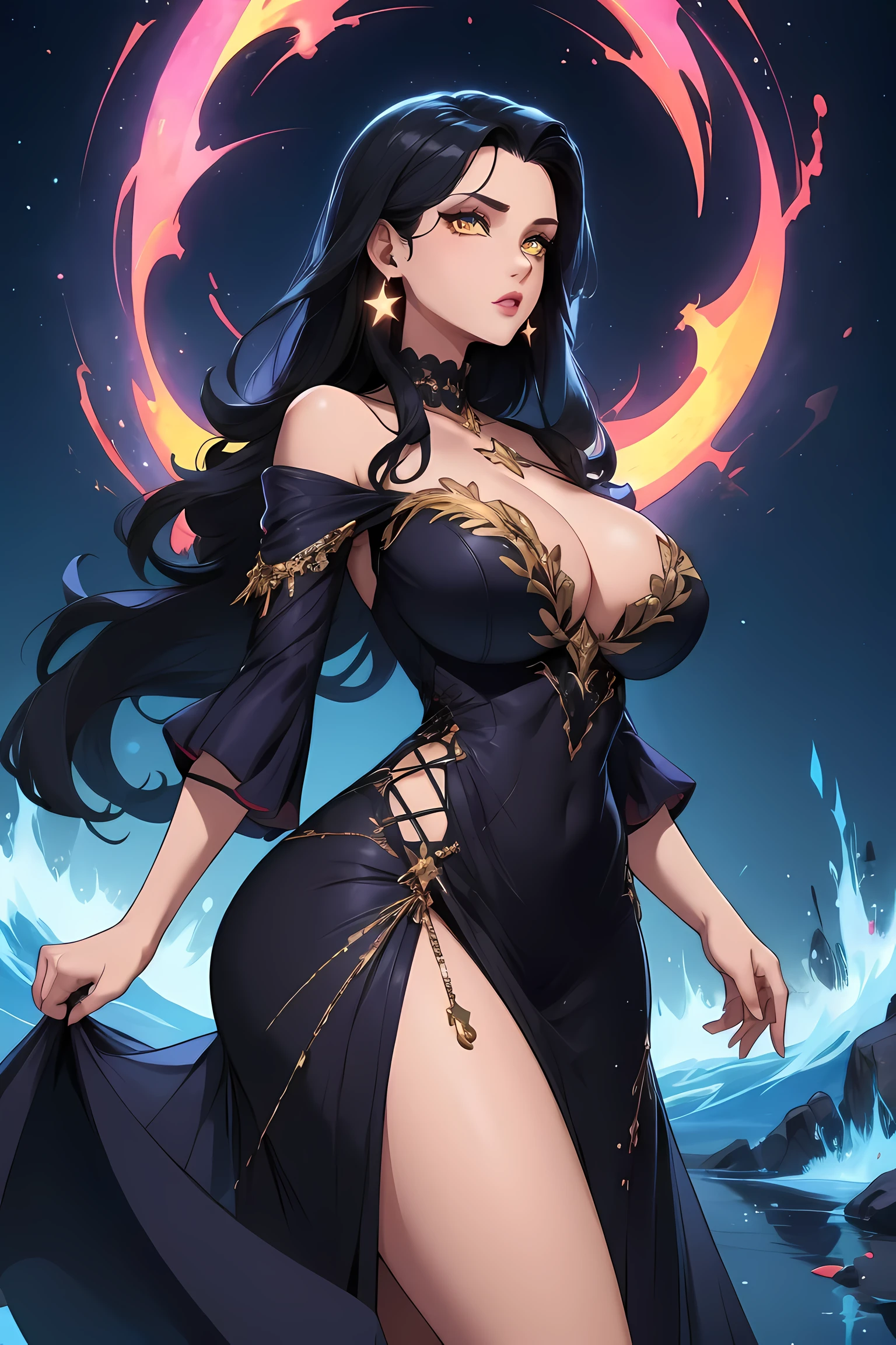masterpiece, glowing,1 woman, wrenchfaeflare, black hair,breasts,cleavage,dress,earrings,jewelry,large breasts,long hair,looking at viewer,mature female, ring, solo,,yellow eyes,violet_color dress,,wrenchfaeflare,glowing,embroidery,accessories,jewelry,reflection,refraction,night sky,starry sky,star \(sky\),
