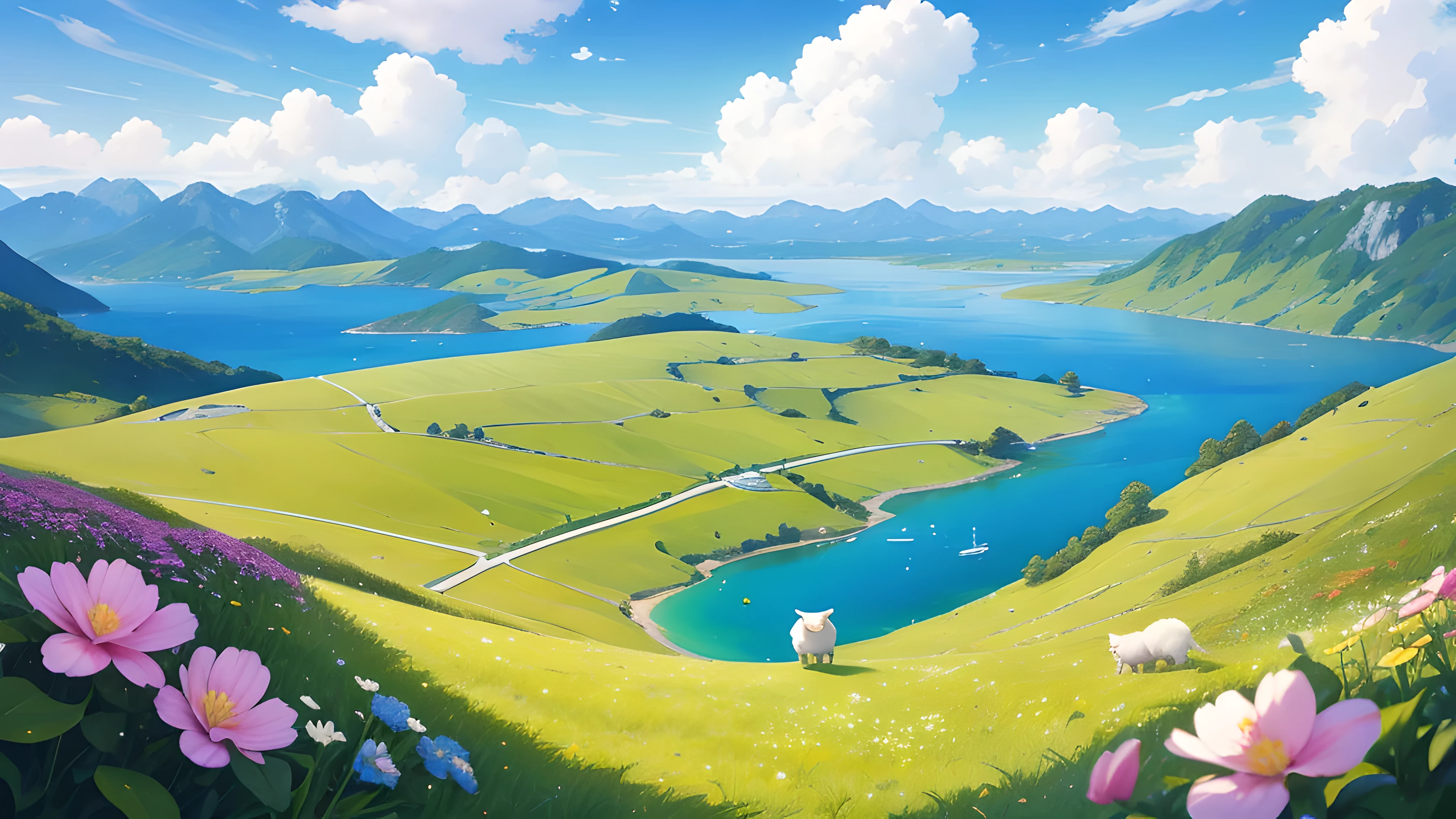 summer,grassland,A few small flowers,Clear lake,sheep,a paradise,large clouds,blue sky,The weather is hot,HD details,Super detailed,Light,Surrealism,soft Light,pure scenery,Deep field focus bokeh,distant vistas are snowy mountains,Light线追踪和Surrealism。 --v6