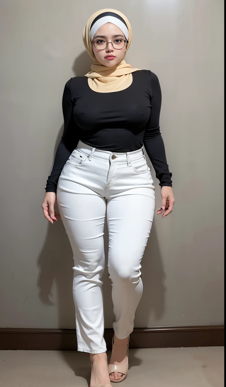 a woman in a black top and white pants posing for a picture, skinny waist and thick hips, wearing tight clothes, thicc, curvy hourglass figure, full body picture, close up to a skinny, curvy figure, wide hips, outfit photo, widest hips, thick body, wearing tight shirt, thick, white pants, black extremely tight jeans, wearing a hijab, Beautiful girl.