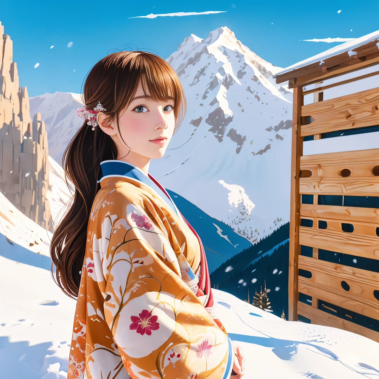 illustration style, ukiyo-e, Showa anime, woman, snow, (Sensitive), Asahi, mountains in the background, (highest quality, super detailed,portrait, Natural light)、kimono