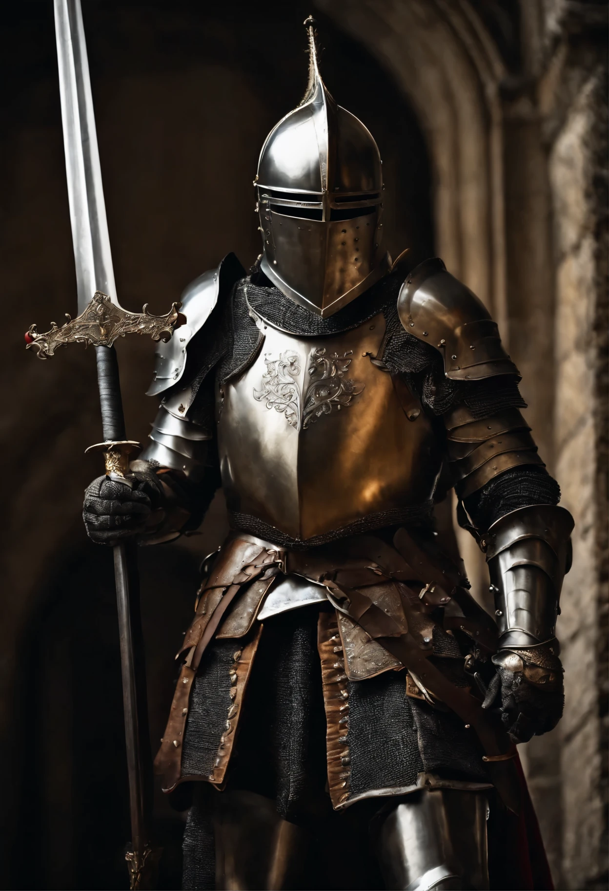 Knight in armor, helmet and sword. close up. dark armor, medieval soldier