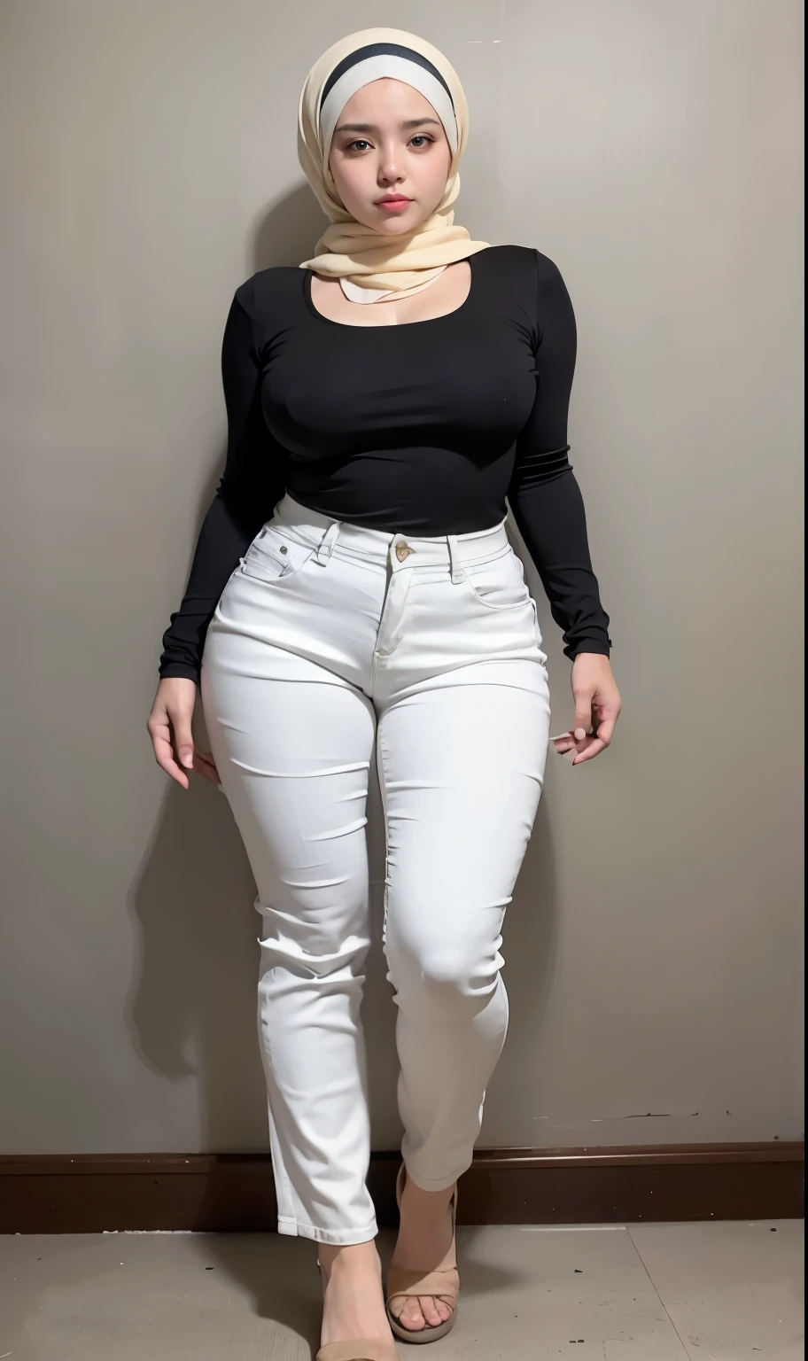 a woman in a black top and white pants posing for a picture, skinny waist and thick hips, wearing tight clothes, thicc, curvy hourglass figure, full body picture, close up to a skinny, curvy figure, wide hips, outfit photo, widest hips, thick body, wearing tight shirt, thick, white pants, black extremely tight jeans, wearing a hijab, Beautiful girl.