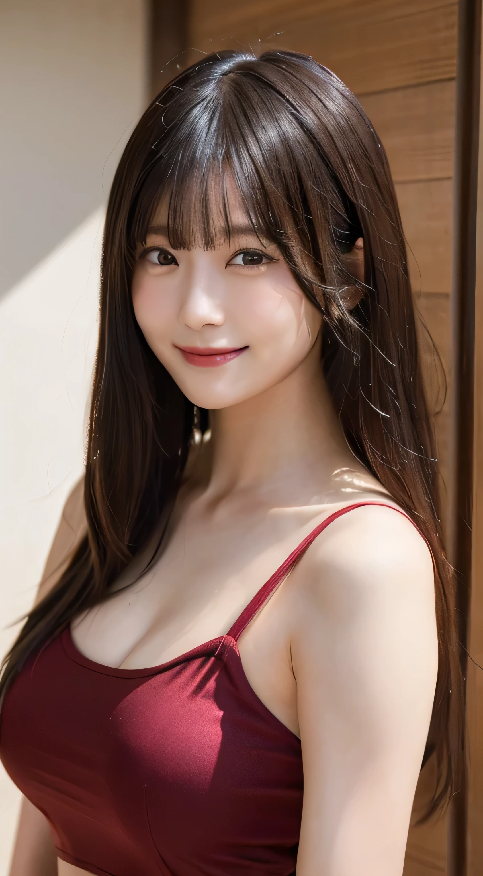 (top-quality,​masterpiece:1.3,超A high resolution,),(ultra-detailliert,Caustics,8K),(Ultra-dense muscle,Photorealsitic:1.4,RAW shooting),(Stand upright facing the front:1.1),SEXY red swim wear,女の子1人,japanes,SEXY ビキニ,25yr old,very very SEXY, dark-haired,looking happy smile,Looking at the camera,(facing front)