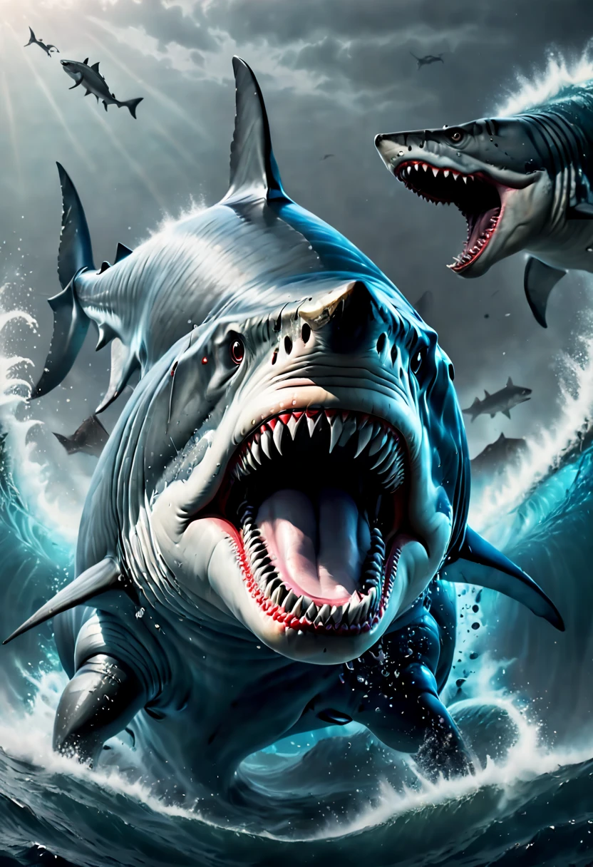 movie poster, inspired by movie "Megalodon" and "Jurassic Shark", (realistic, photorealistic, RAWphoto:1.4), octane render, intricate, (best quality, masterpiece, Representative work, official art, Professional, 8k wallpaper:1.3)