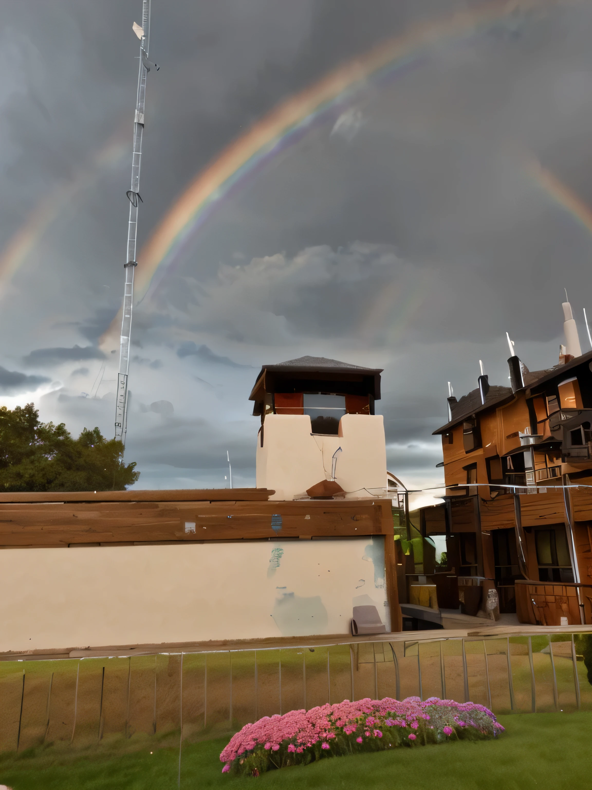 a small princess hut having beautifull grass and flwers in front of it with beautiful rainbow in the sky