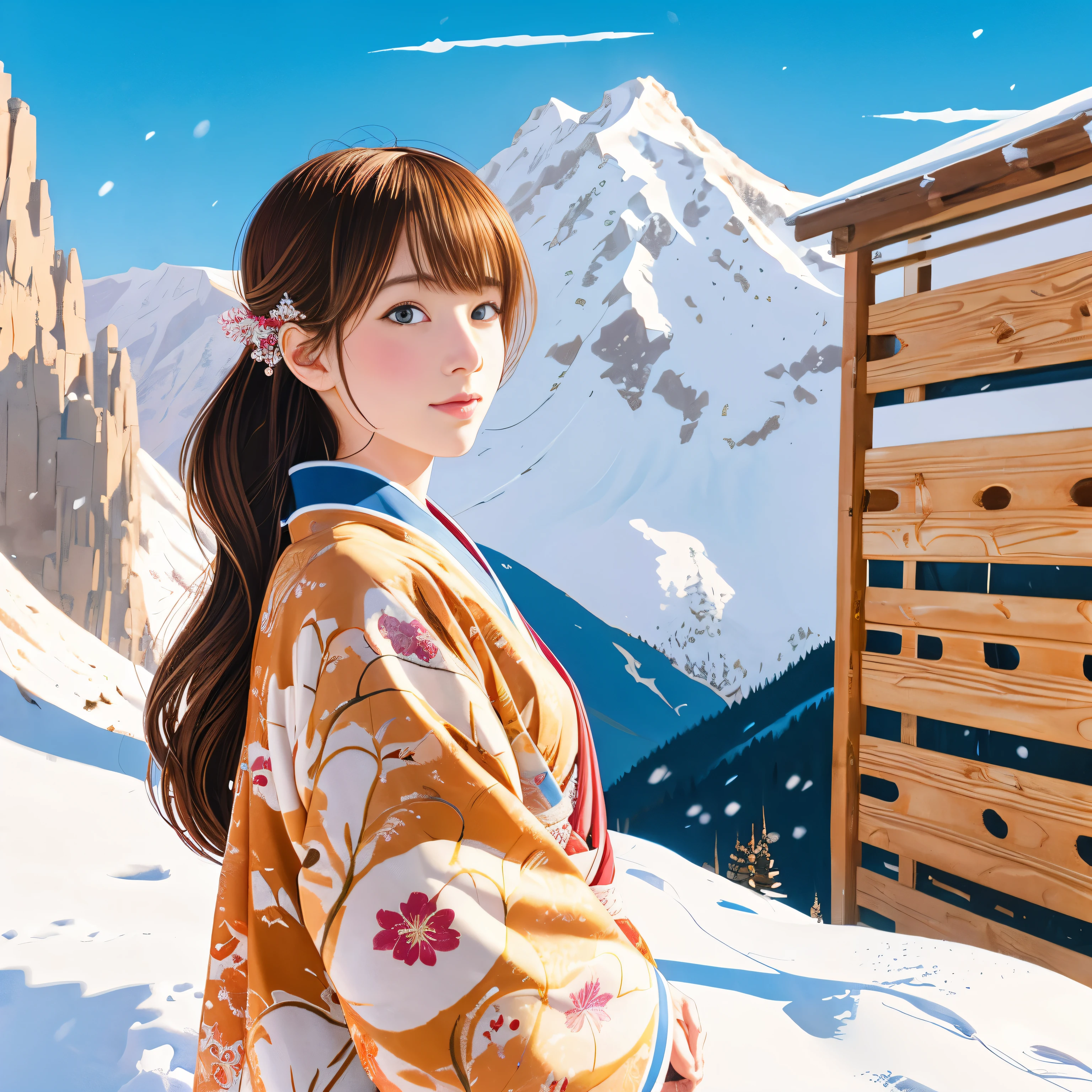 illustration style, ukiyo-e, Showa anime, woman, snow, (Sensitive), Asahi, mountains in the background, (highest quality, Super detailed,portrait, Natural light)、kimono