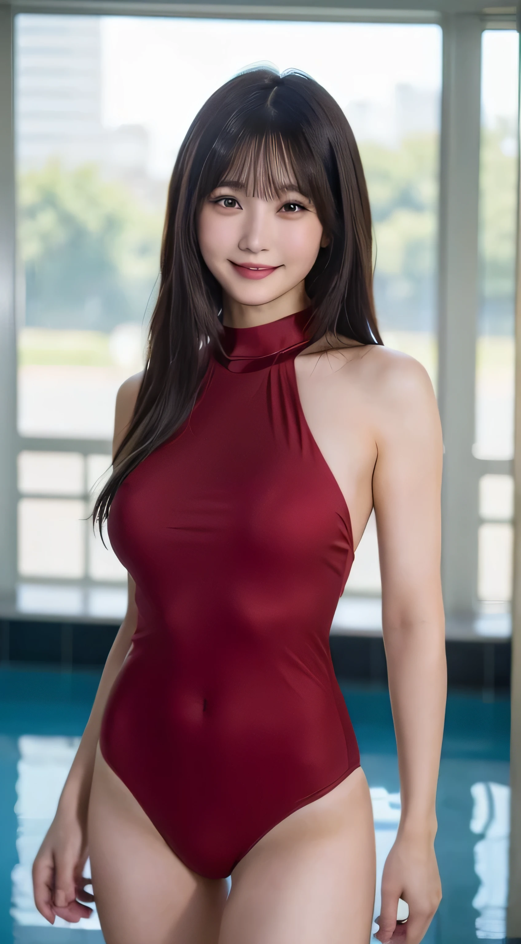 (top-quality,masterpiece:1.3,超A high resolution,),(ultra-detailliert,Caustics,8K),(Ultra-dense muscle,Photorealsitic:1.4,RAW shooting),(Stand upright facing the front:1.1),SEXY red swim wear,1人,japanes,SEXY ビキニ,25yr old,very very SEXY, dark-haired,looking happy smile,Looking at the camera,(facing front)
