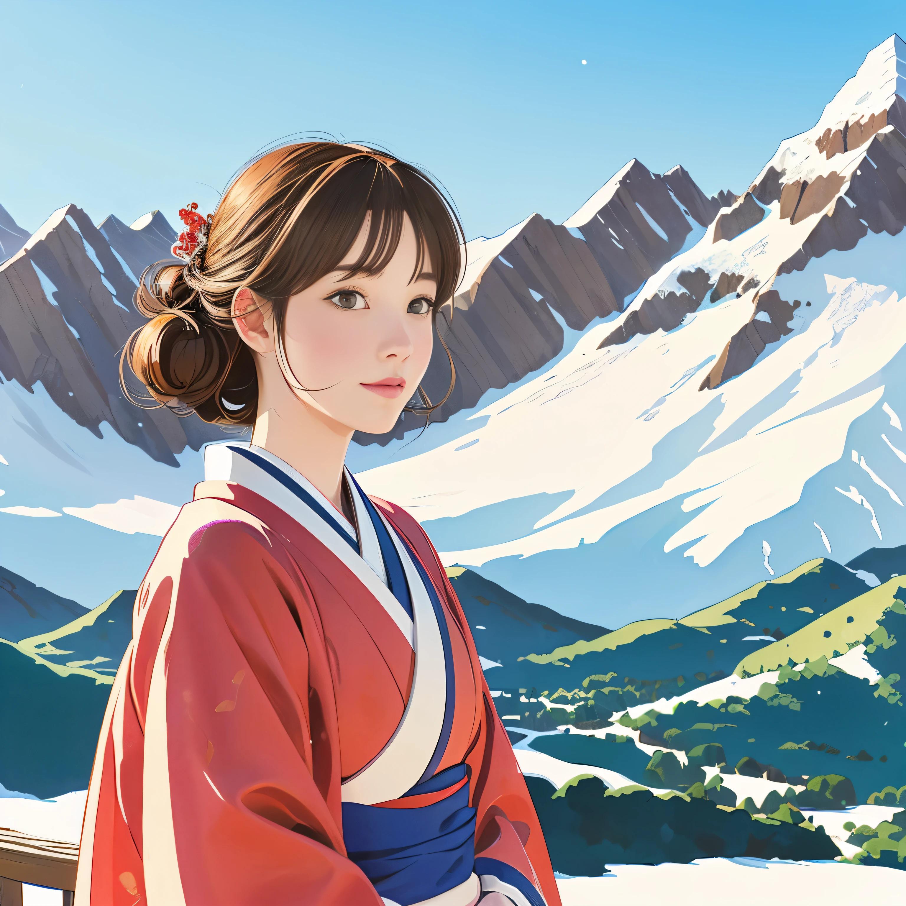 illustration style, ukiyo-e, Showa anime, woman, snow, (Sensitive), Asahi, mountains in the background, (highest quality, Super detailed,portrait, Natural light)、kimono