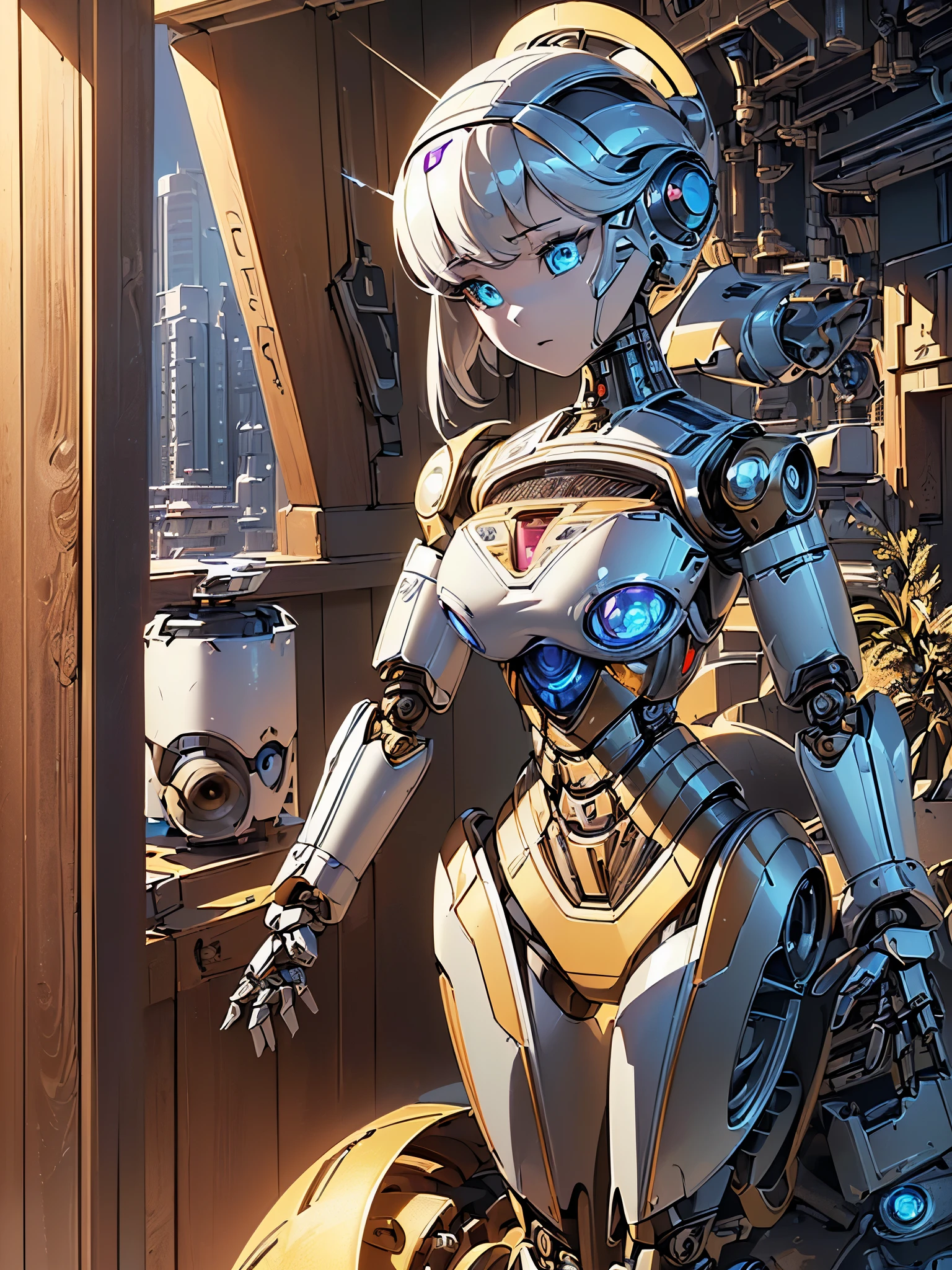 ((highest quality)),(ultra high resolution),(Super detailed),(detailed description),((best CG)),(best work of art),super precision art,great drawing art,(Sci-fi art with precise details:1.5), (One female robot:1.6),((Mechanical body detailed and detailed:1.5)),clear parts:1.6,cylinder:1.5,lens:1.3,Luminous parting line:1.4