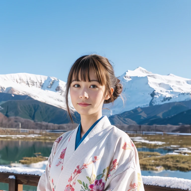 illustration style, ukiyo-e, Showa anime, woman, snow, (Sensitive), Asahi, mountains in the background, (highest quality, super detailed,portrait, Natural light)、kimono