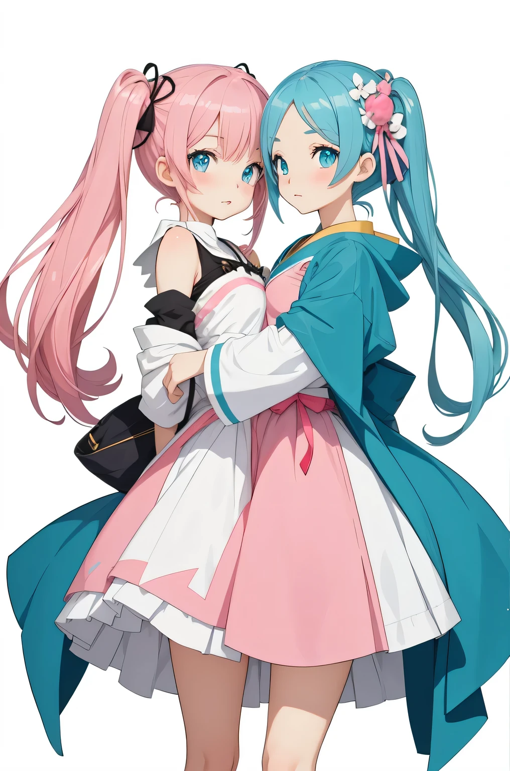 Masterpiece, top quality, highres, (white background:1.8), detailed eyes,blight eyes,anime characters with pink hair and blue eyes standing next to each other, anime girls, two beautiful anime girls, pink and blue, pink twintail hair and cyan eyes, rem rezero, anime moe artstyle, shirabii, cute anime style, blue and pink, cute anime, anime style 4 k, twintails, pastel colors only, anime art style, 非常に詳細、(抽象的な背景、ゼンタングル、フラクタルアート:1.3)