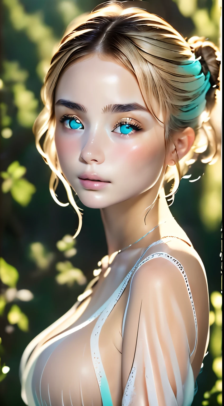 beautiful turquoise eyes、Perfect good looks、anatomy、２０talent、cute face、Beautiful Caucasian Woman、An ennui look、detailed face、very beautiful woman、Bewitching、silence、See-through feeling、White skin like porcelain、bun hair、ash blonde、plump lips、seductive lips、transparent processing、very realistic、RAW photo、highest quality、Highest image quality、master piece:1.3、Portrait、Natural light、perfect lighting、professional photographer