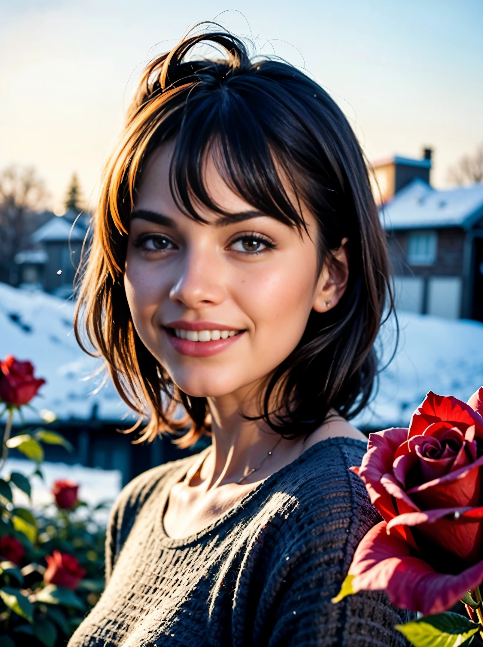 Create an artwork with three blended layers. The first layer should be the bottom third of the image and should contain the foreground. The second layer should be the middle third of the image and should contain the middle ground. The third layer should be the top third of the image and should contain the background.
Foreground: blurry red roses. Middle ground: an ultra hot European woman, age 23, leaning forewarn, smelling roses with a smile. Background a snowy village.